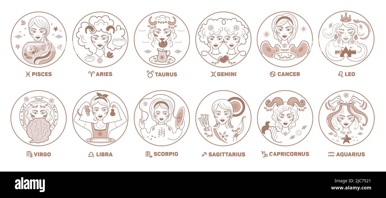 Vektor-Set von Tierkreis Frauen Zeichen, Haushalt, Sternbilder goldene Farbe auf weißem Hintergrund. Logo, Tattoo oder Illustration. Astrologische Prognose Stockfoto