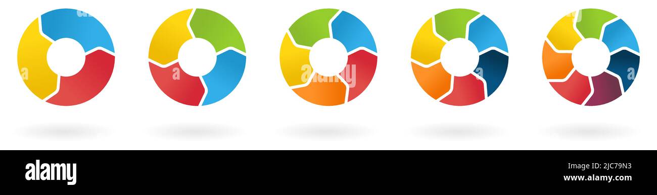 Kreis unterteilt in gleiche Schritte Segmente, Version mit farbigen drei bis sieben Teilen. Einfaches Infografiken-Element Stock Vektor