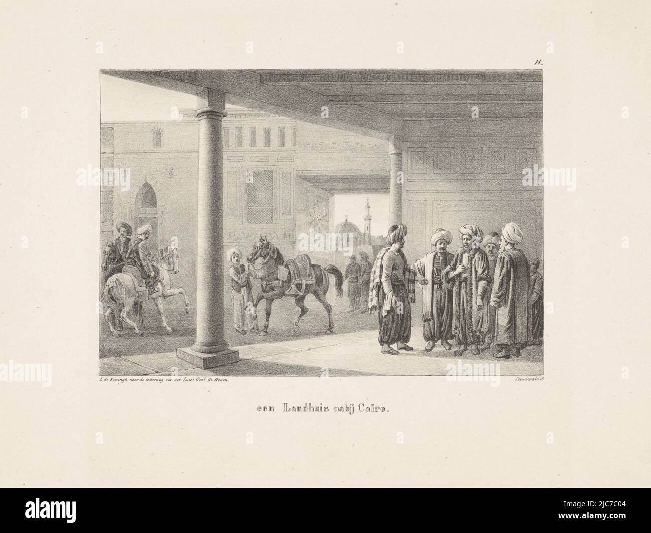 Die Männer stehen zusammen. Im Hof laufen Männer mit Pferden, ägyptische Männer in einem Landhaus In der Nähe von Kairo Ägyptisch-Gezes Ägyptisch-Gezes zweite sechs, Druckerei: Leendert de Koningh, (auf Objekt erwähnt), Otto Baron Howen, (auf Objekt erwähnt), Drucker: Steuerwald & Co., (auf Objekt erwähnt), Egypte, Drucker: Dordrecht, 1828, Papier, H 245 mm × B 330 mm Stockfoto
