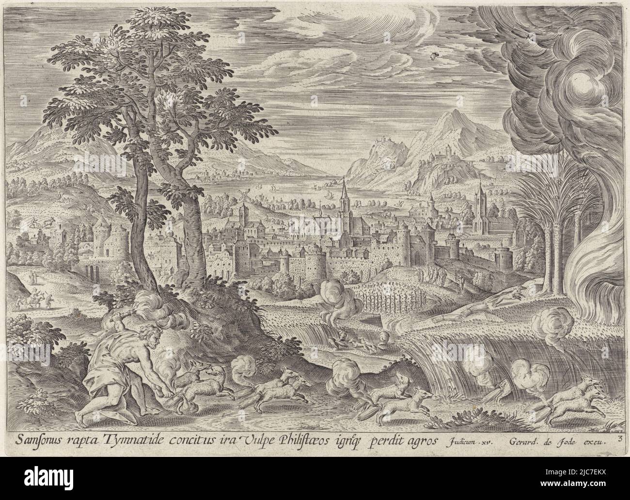 Samson zündet die Kornfelder der Philister an, indem er Füchse zwei nach zwei mit ihren Schwänzen zusammenbindet und eine brennende Fackel zwischen sie hängt. Samson schickt die Füchse ins Maisfeld. Unterhalb der Darstellung ein Hinweis auf den Bibeltext in Ri in lateinischer Sprache. 15, Samson zündet die Kornfelder der Philister an Geschichte von Samson Thesaurus sacrarum historiarum veteris testamenti , Druckerei: Antonie Wierix (II), Jan Snellinck (I), Verlag: Gerard de Jode, (auf Objekt erwähnt), Antwerpen, 1585, Papier, Gravur, H 215 mm × B 294 mm Stockfoto