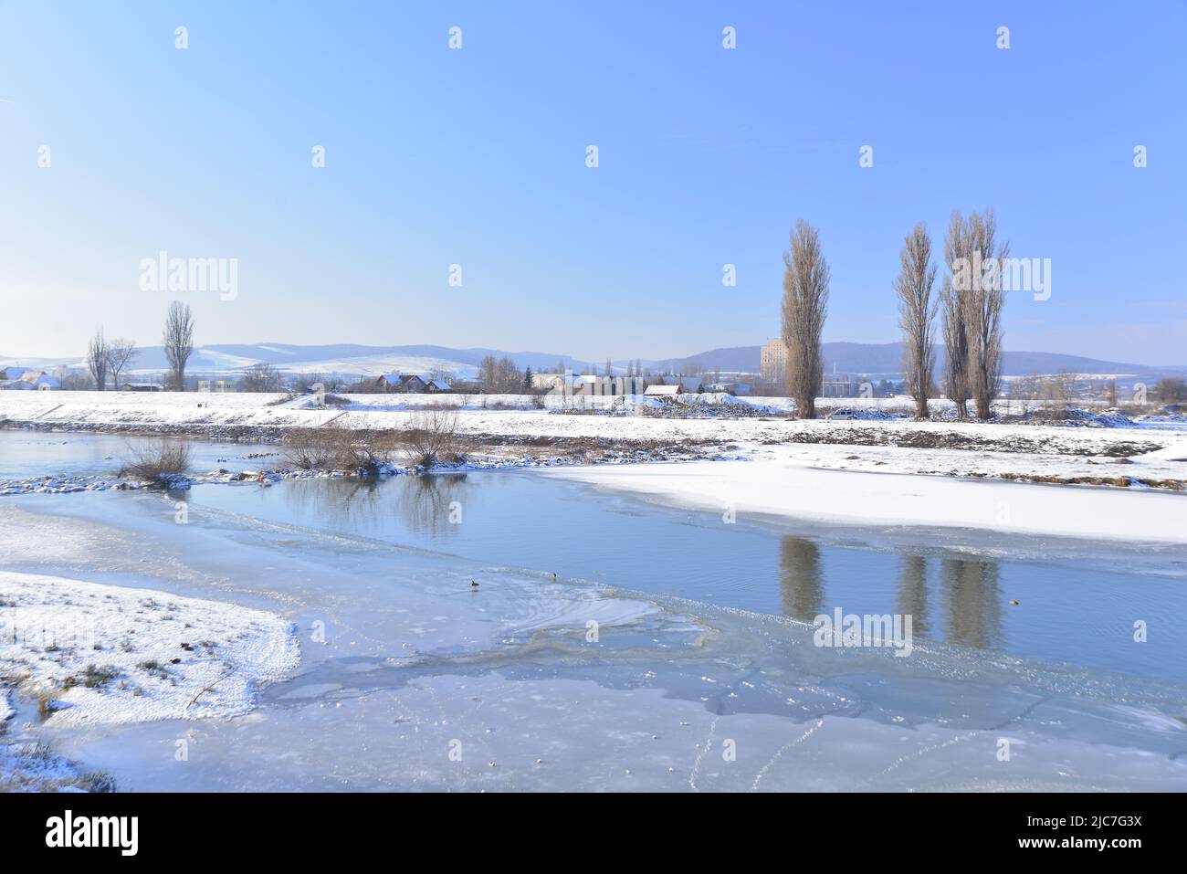 Kalter Wintertag auf dem Fluss Mures Stockfoto