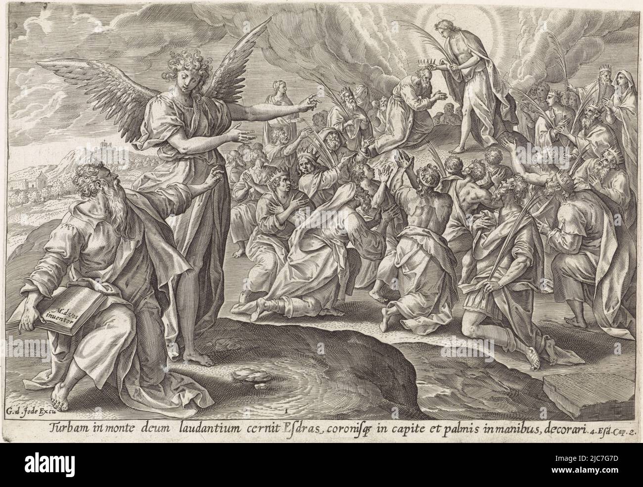 Ezra sitzt im Vordergrund rechts und wird von einem Engel auf eine Vision gezeigt. Esra sieht den Sohn Gottes auf dem Berg Zion, krönt die Menschen und vergibt ihnen Palmenzweige. Unterhalb der Darstellung ein Hinweis auf die apokryph Bibel Text in 4 Esra 2. Erste Vision von Ezra: Der Sohn Gottes krönt die Menge Visionen von Ezra Thesaurus sacrarum historiarum veteris testamenti , intermediärer Zeichner: Maerten de Vos, (auf Objekt erwähnt), Druckerei: Anonym, Verlag: Gerard de Jode, (auf Objekt erwähnt), Antwerpen, 1585, Papier, Gravur, H 204 mm × B 295 mm Stockfoto