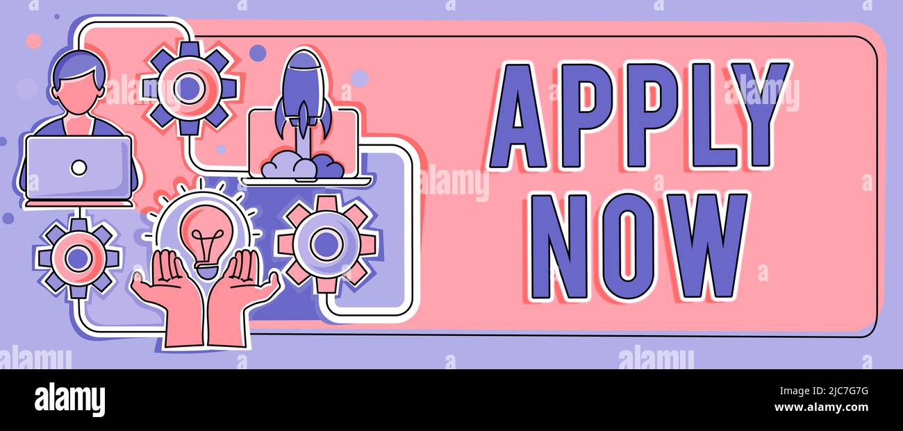 Text wird angezeigt Jetzt anwenden. Business-Ansatz eine Handlung einer Person, um den Job im Zusammenhang mit dem Beruf Hände halten Lampe Rocket mit zu erwerben Stockfoto
