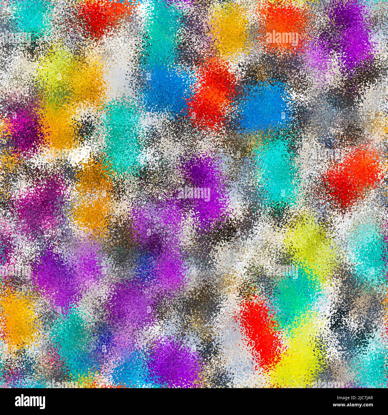 Runde bunte Flecken auf abstraktem nahtlosem Hintergrund aus winzigen quadratischen Punkten. Buntes, ungleichmäßiges Muster mit lebhaften Farbflecken in gesprenkelter Pixelstruktur. Stockfoto