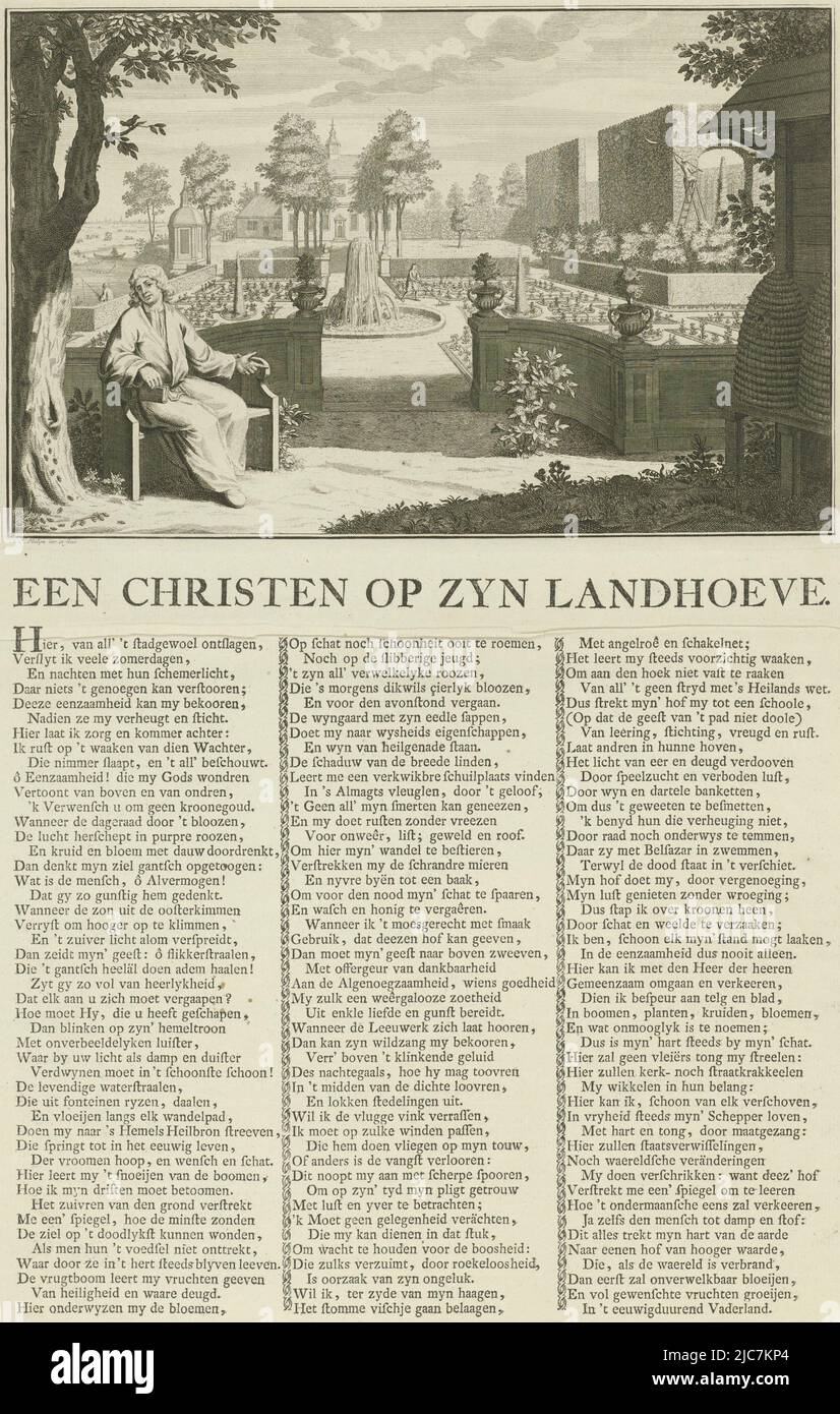 Blick auf einen französischen Garten mit Gärtnern bei der Arbeit und einem Landhaus. Im Vordergrund ein Mann, der auf einen Rosenstrauch zeigt, ein Hinweis auf Maria, die frei von Sünden war. Rechts im Vordergrund zwei Bienenstöcke und links im Vordergrund kriechen Ameisen aus einem Baumstamm, ein Hinweis auf das tugendhafte, fleißige Leben des Mannes. Unter der Szene, in drei Spalten, ein Gedicht auf Niederländisch, Ein Mann in seinem Garten Ein Christ auf seinem Bauernhof, Druckerei: Jan Caspar Philips, (erwähnt auf Objekt), Jan Caspar Philips, (erwähnt auf Objekt), Claes Bruin, (Auf Objekt erwähnt), Amsterdam, 1736 - 1775, Papier, Radierung Stockfoto