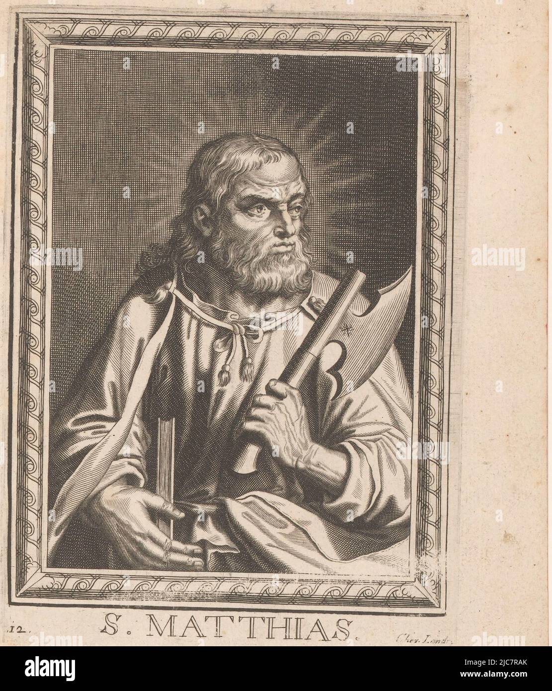 Nummeriert unten links: 12. H. Mattias S. Matthias zwölf Apostel, die vier Kirchenväter und Maria , Druckerei: Pierre Landry, (möglicherweise), Herausgeber: Pierre Landry, (auf Objekt erwähnt), Druckerei: Frankreich, Verlag: Paris, 1640 - 1701, Papier, Gravur, H 165 mm - B 118 mm Stockfoto