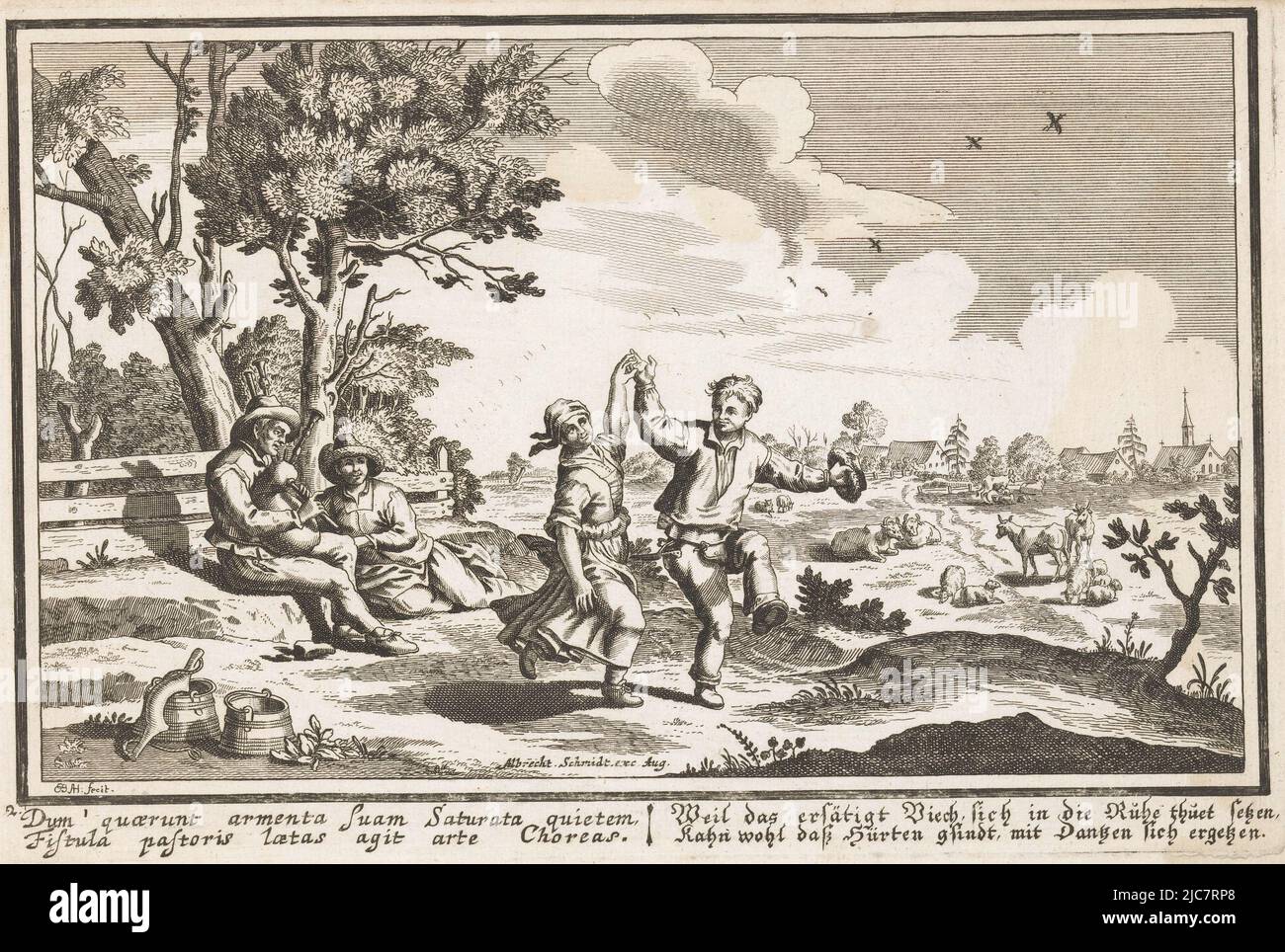 Mit lateinischer und deutscher Bildunterschrift, Landschaft mit einem Paar, das zur Musik eines Dudelsackrohres tanzt Genre Szenen, Druckerei: Elias Baeck, (auf Objekt erwähnt), Verlag: Albrecht Schmidt, (auf Objekt erwähnt), Druckerei: Deutschland, Verlag: Augsburg, 1694 - 1744, Papier, Radierung, H 192 mm × B 288 mm Stockfoto