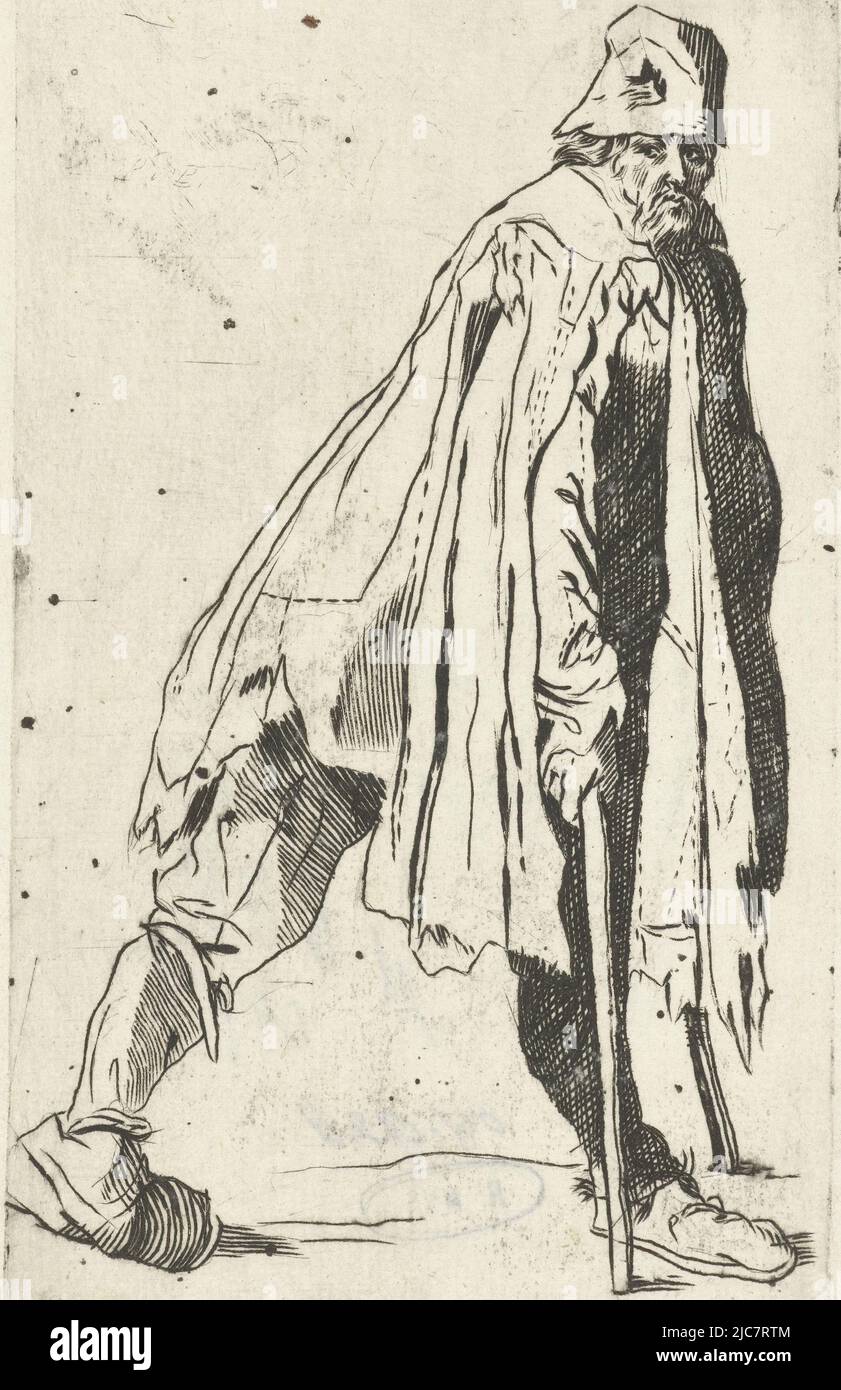 Mann, in Lumpen gekleidet, rechts gesehen, mit Hilfe von zwei Krücken zu Fuß. Dieser Druck ist Teil einer Serie von 25 (?) Abzüge, die Bettler und Landstreicher zeigen, wie Callot sie wahrscheinlich in Italien gesehen hat, Bettler mit Krücken, rechts gesehen Les Gueux, Les Mendiants, Les Baroni, Les Barons Bettler , Jacques Callot, Druckerei: Anonym, Frankreich, (möglicherweise), 1622 - 1670, Papier, Radierung, H 142 mm × B 84 mm Stockfoto