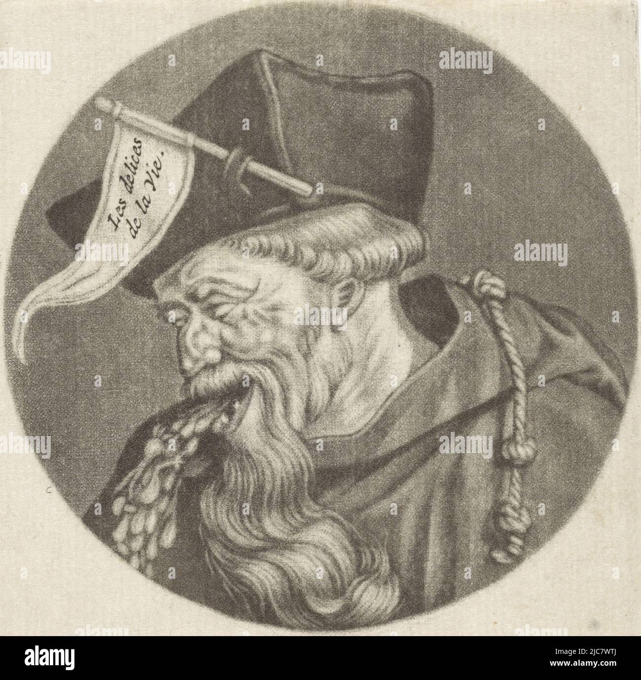 Ein erbrechender Geistlicher mit einer Flagge auf seiner Kopfbedeckung, der den Text „Les delices de la Vie“ trägt. Der Druck ist Teil einer Serie mit Karikaturen des französischen Klerus unter Ludwig XIV. Breking Geistlicher Le Pere Antoine Karikaturen über den französischen Klerus unter Ludwig XIV., (A) Renversement de la Moral Chr, Druckerei: Jacob Gole, intermediärer Zeichner: Cornelis Dusart, 1670 - 1724 und/oder 1693 - 1700, Papier, Gravur, H 115 mm × B 90 mm Stockfoto