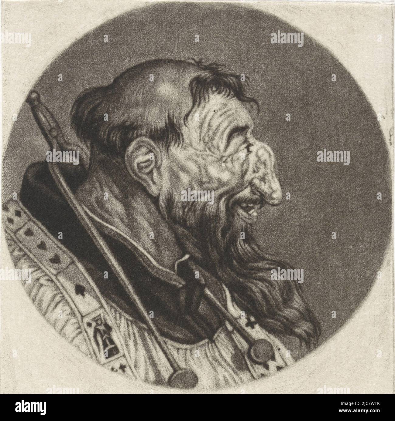 Ein Mönch mit einer Falkennase und einem Spitzbart. Um seinen Hals ein Band mit Spielkarten. Der Druck ist Teil einer Serie mit Karikaturen des französischen Klerus unter Ludwig XIV., Monk mit Spielkarten um den Hals Le Pere Ignace Karikaturen über den französischen Klerus unter Ludwig XIV., (A) Renversement de la Moral Chr, Druckerei: Jacob Gole, Cornelis Dusart, 1670 - 1724 und/oder 1693 - 1700, Papier, Gravur, H 115 mm × B 90 mm Stockfoto