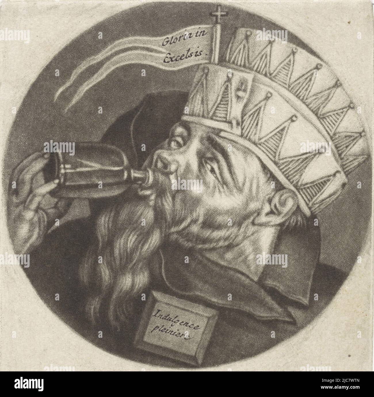 Ein Mönch mit einem Papierhut, gekleidet als Prinzfasching. Er trinkt aus einer Flasche. Auf seiner Brust ein Schild mit der Aufschrift „Genuss pliniere“. Der Druck ist Teil einer Serie mit Karikaturen des französischen Klerus unter Ludwig XIV., Monk as Prince Carnival Le Roy du Carnaval Karikaturen über den französischen Klerus unter Ludwig XIV., (A) Renversement de la Moral Chr, Druckerei: Jacob Gole, Cornelis Dusart, 1670 - 1724 und/oder 1693 - 1700, Papier, Gravur, H 115 mm × B 90 mm Stockfoto