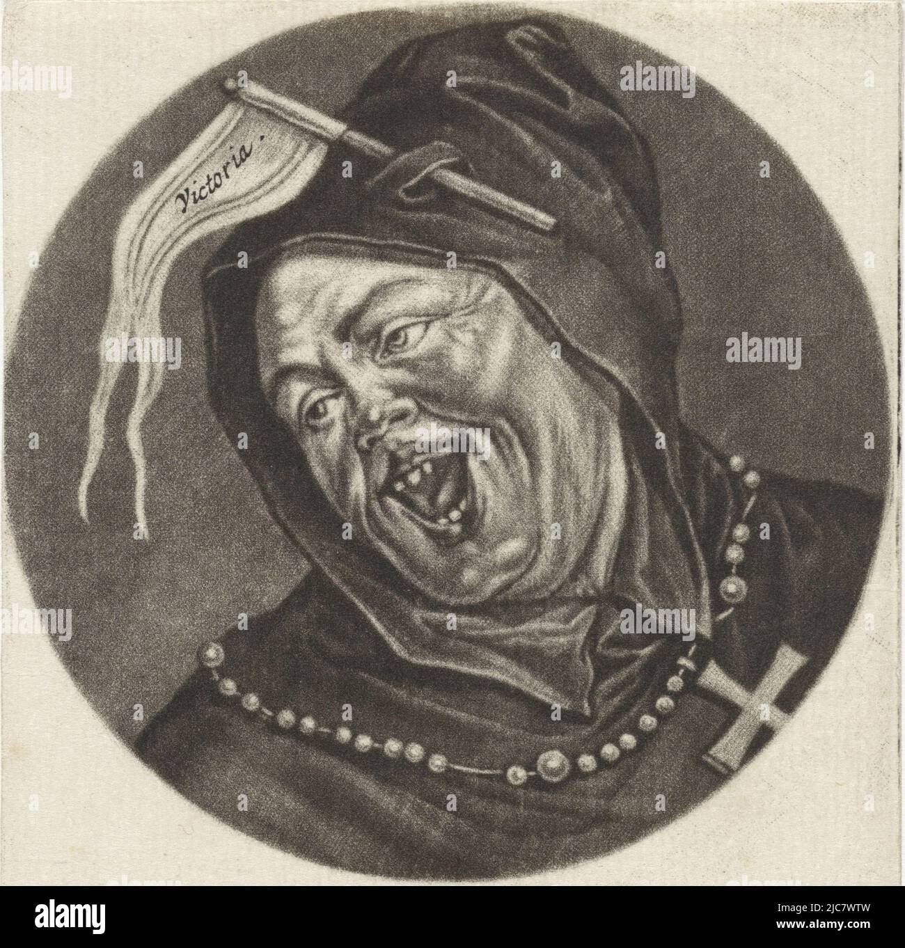 Singender Mönch mit einer Fahne auf seiner Kapuze, die den Text „Victoria“ trägt. Der Druck ist Teil einer Serie mit Karikaturen des französischen Klerus unter Ludwig XIV., Mönch mit einer Flagge Le Pere Victoire Karikaturen über den französischen Klerus unter Ludwig XIV., (A) Renversement de la Moral Chr, Druckerei: Jacob Gole, Cornelis Dusart, 1670 - 1724 und/oder 1693 - 1700, Papier, Gravur, H 115 mm × B 90 mm Stockfoto