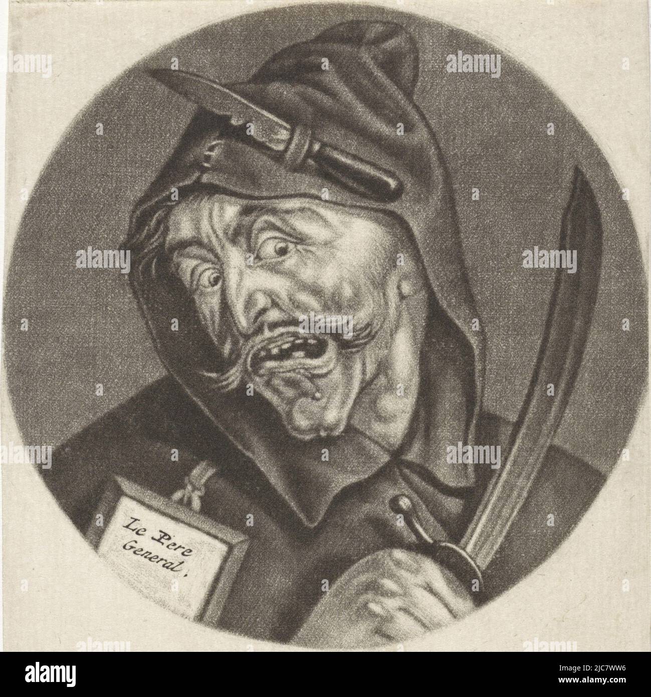 Ein Mönch mit einem Messer und einem Säbel. Auf seiner Brust ein Schild mit der Aufschrift „Le Pere General“. Der Druck ist Teil einer Serie mit Karikaturen des französischen Klerus unter Ludwig XIV. Anger La Cholere Karikaturen über den französischen Klerus unter Ludwig XIV., (A) Renversement de la Moral Chr, Druckerei: Jacob Gole, Cornelis Dusart, 1670 - 1724 und/oder 1693 - 1700, Papier, Gravur, H 115 mm × B 90 mm Stockfoto