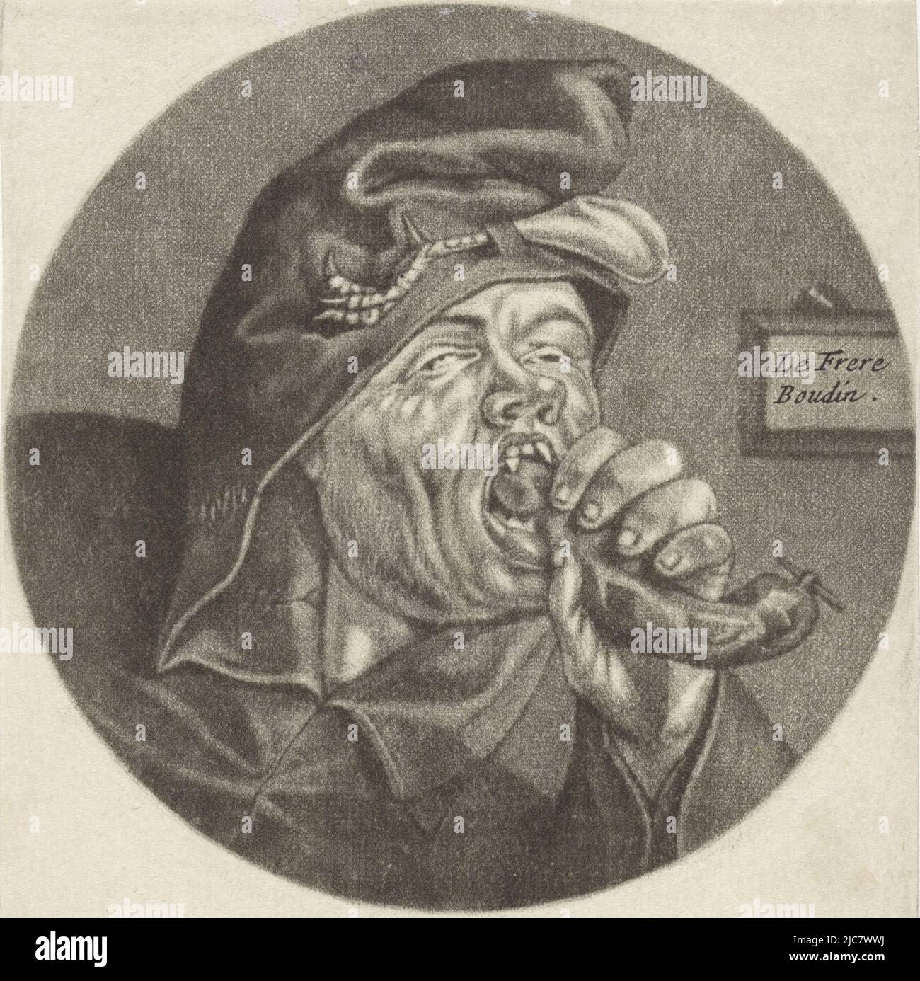 Ein Mönch isst eine Wurst. Auf der Kapuze seiner Robe ein Hühnerbein. An der Wand hängt ein Schild mit der Aufschrift „Le Frere Boudin“. Der Druck ist Teil einer Serie mit Karikaturen des französischen Klerus unter Ludwig XIV., Gluttony La Geule-Karikaturen über den französischen Klerus unter Ludwig XIV., (A) Renversement de la Moral Chr, Druckerei: Jacob Gole, intermediärer Zeichner: Cornelis Dusart, 1670 - 1724 und/oder 1693 - 1700, Papier, Gravur, H 115 mm × B 90 mm Stockfoto