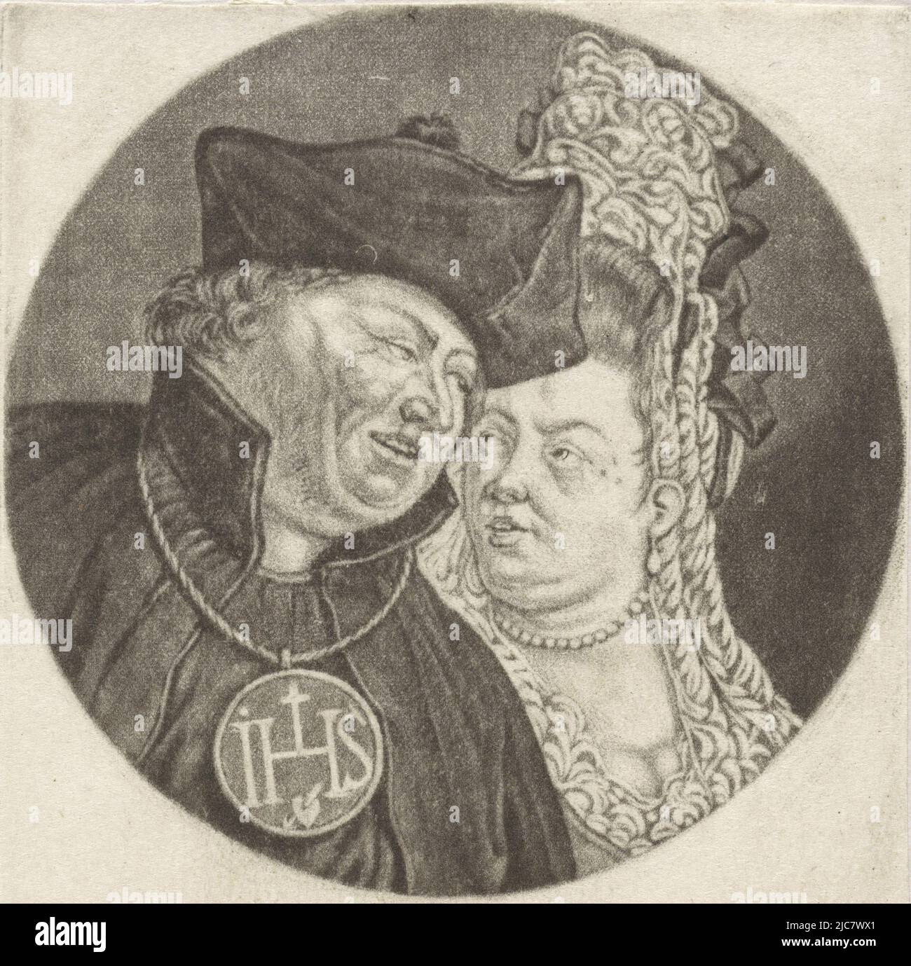 Ein Geistlicher und eine Frau haben sich ihre Gesichter zugewandt. Der Druck ist Teil einer Serie mit Karikaturen des französischen Klerus unter Ludwig XIV. Wellust La Luxure Karikaturen über den französischen Klerus unter Ludwig XIV., (A) Renversement de la Moral Chr, Druckerei: Jacob Gole, intermediärer Zeichner: Cornelis Dusart, 1670 - 1724 und/oder 1693 - 1700, Papier, Gravur, H 115 mm × B 90 mm Stockfoto