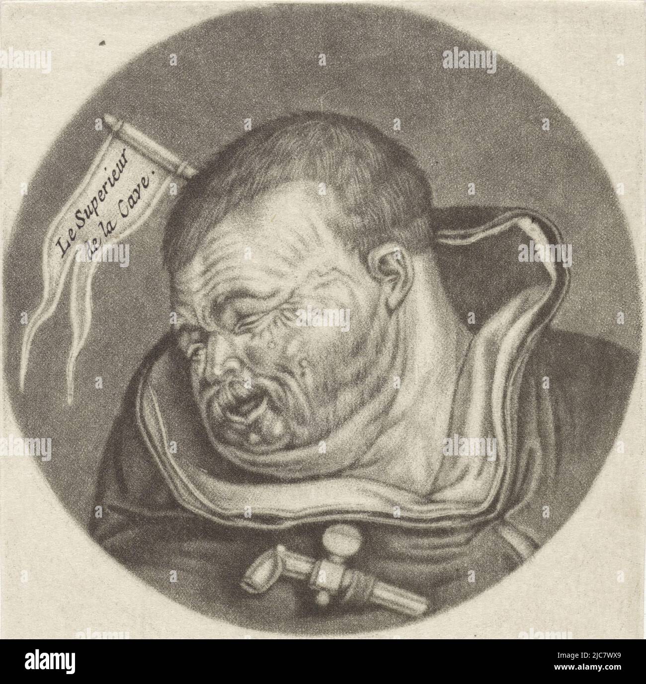 Mönch, der eine Fahne mit dem Text 'Le Superieur de la Cave' in seiner Kapuze hält. Auf seiner Brust ein Rohr. Der Druck ist Teil einer Serie mit Karikaturen des französischen Klerus unter Ludwig XIV., des Mönchs mit einer Pfeife und einer Flagge Le Frere Robinet Karikaturen über den französischen Klerus unter Ludwig XIV., (A) Renversement de la Moral Chr, Druckerei: Jacob Gole, intermediärer Zeichner: Cornelis Dusart, 1670 - 1724 und/oder 1693 - 1700, Papier, Gravur, H 115 mm × B 90 mm Stockfoto