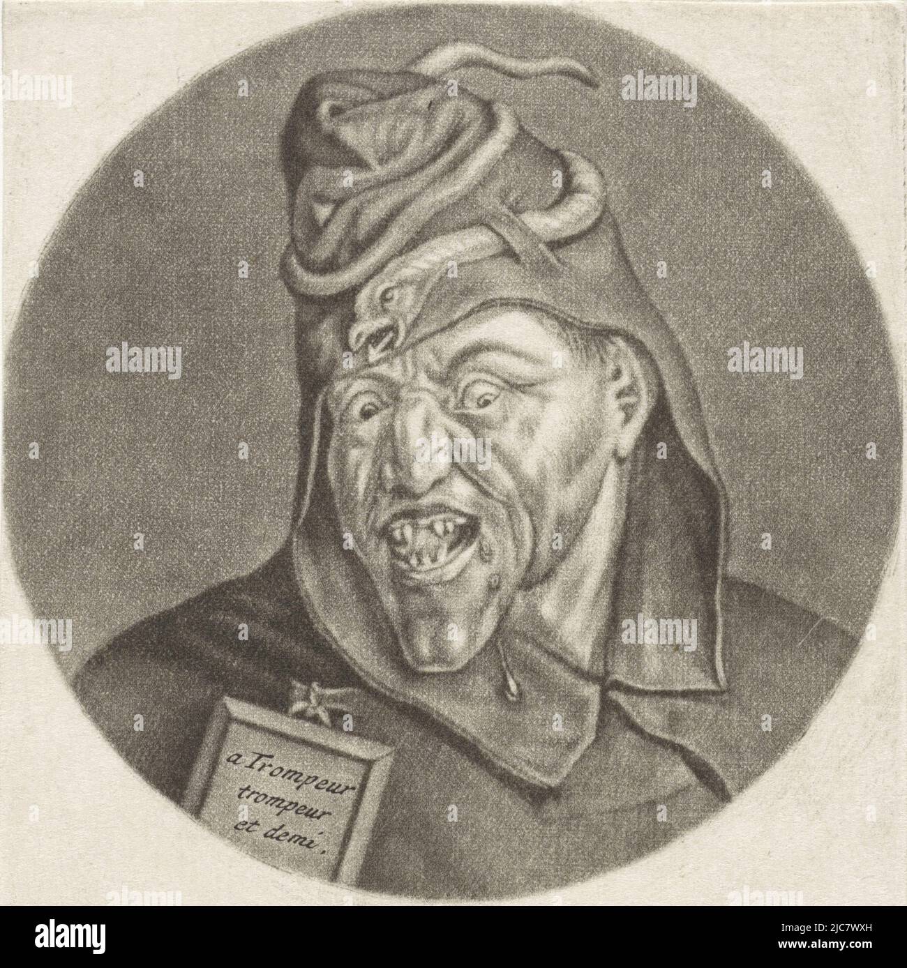 Ein Mönch mit einer Schlange auf dem Kopf. Auf seiner Brust ein Schild mit dem Text 'A Trompeur trompeur et demi'. Der Druck ist Teil einer Serie mit Karikaturen des französischen Klerus unter Ludwig XIV. Afgunst l'Envie Karikaturen über den französischen Klerus unter Ludwig XIV., (A) Renversement de la Moral Chr, Druckerei: Jacob Gole, Cornelis Dusart, 1670 - 1724 und/oder 1693 - 1700, Papier, Gravur, H 115 mm × B 90 mm Stockfoto