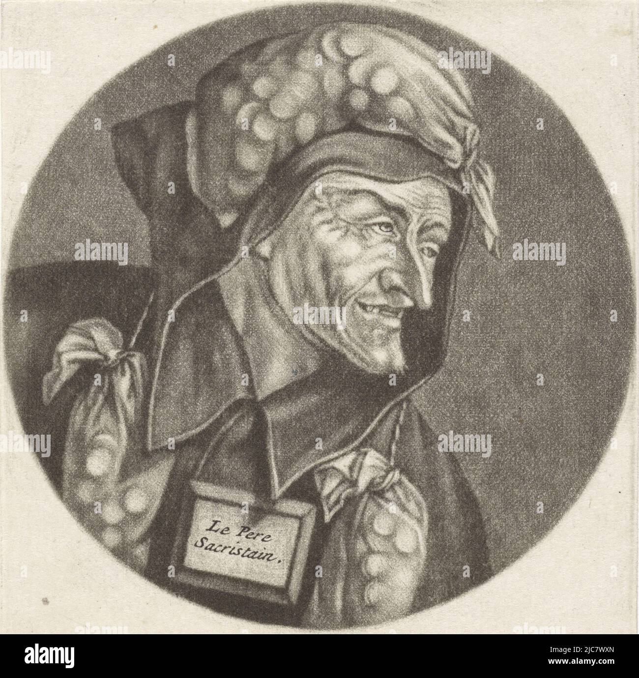 Ein Mönch mit Geldbeutel. Auf seiner Brust ein Schild mit dem Text 'Le Pere Sacristain'. Der Druck ist Teil einer Serie mit Karikaturen des französischen Klerus unter Ludwig XIV., Gier-l'Avarice-Karikaturen über den französischen Klerus unter Ludwig XIV., (A) Renversement de la Moral Chr, Druckerei: Jacob Gole, Cornelis Dusart, 1670 - 1724 und/oder 1693 - 1700, Papier, Gravur, H 115 mm × B 90 mm Stockfoto