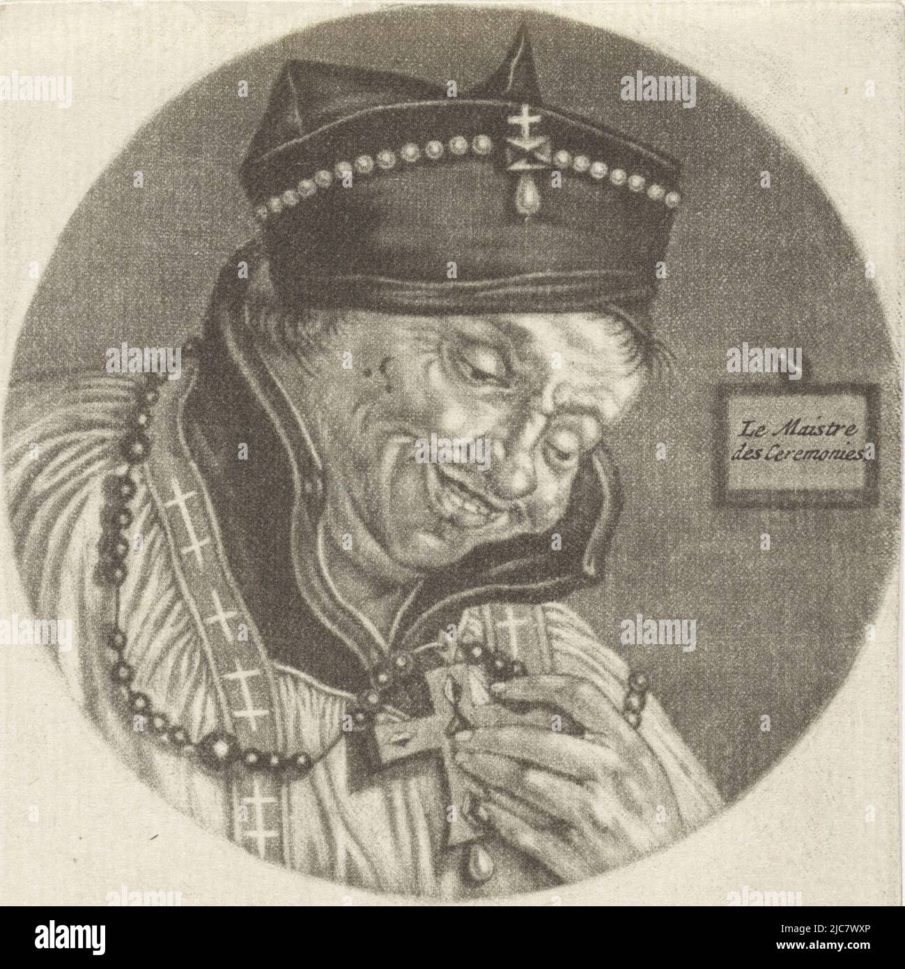 Ein Geistlicher mit einer Perlenkette auf seinem Hut. In seiner Hand ein mit Edelsteinen verziertes Kreuz. An der Wand hängt ein Schild mit der Aufschrift „Le Maistre des Ceremonies“. Der Druck ist Teil einer Serie mit Karikaturen des französischen Klerus unter Ludwig XIV. Vanity l'Orgeuil Karikaturen über den französischen Klerus unter Ludwig XIV., (A) Renversement de la Moral Chr, Druckerei: Jacob Gole, Cornelis Dusart, 1670 - 1724 und/oder 1693 - 1700, Papier, Gravur, H 115 mm × B 90 mm Stockfoto
