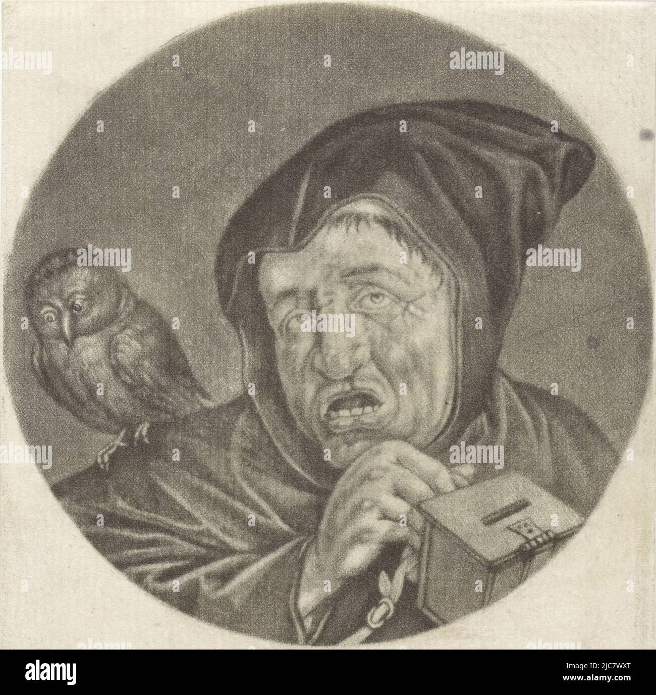 Ein Mönch als Spion der Inquisition. Auf seiner Schulter eine Eule und in seiner Hand eine Geldkiste. Der Druck ist Teil einer Serie mit Karikaturen des französischen Klerus unter Ludwig XIV. Mönch mit Eule l'Espion de l'Inquisition Karikaturen über den französischen Klerus unter Ludwig XIV., (A) Renversement de la Moral Chr, Druckerei: Jacob Gole, Cornelis Dusart, 1670 - 1724 und/oder 1693 - 1700, Papier, Gravur, H 115 mm × B 90 mm Stockfoto