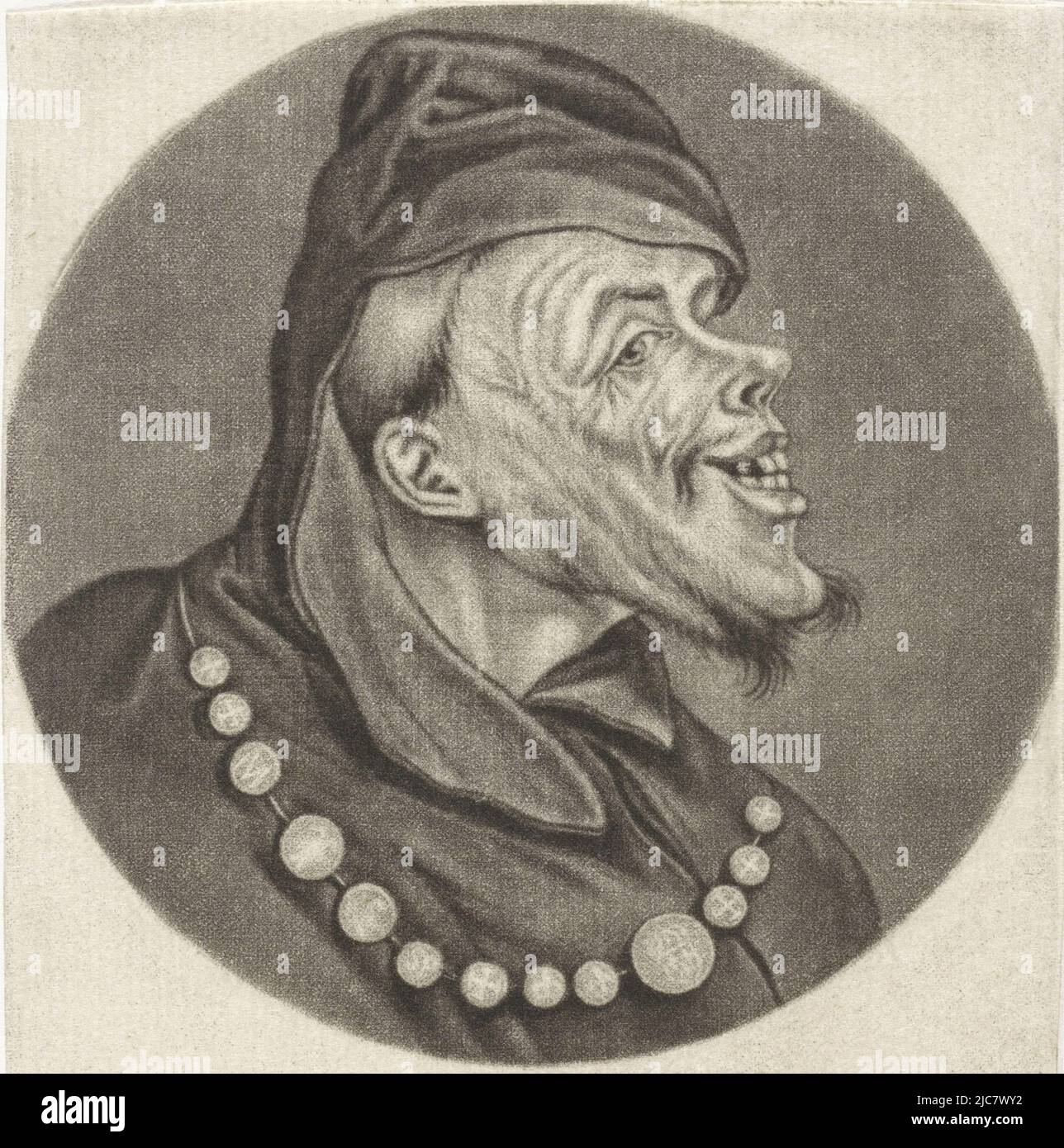 Ein Mönch als Schatzmeister der Inquisition. Um seinen Hals eine Kette von Münzen. Der Druck ist Teil einer Serie mit Karikaturen des französischen Klerus unter Ludwig XIV., Mönch mit Münzen Le Thresorier de l'Inquisition Karikaturen über den französischen Klerus unter Ludwig XIV., (A) Renversement de la Moral Chr, Druckerei: Jacob Gole, Cornelis Dusart, 1670 - 1724 und/oder 1693 - 1700, Papier, Gravur, H 115 mm × B 90 mm Stockfoto