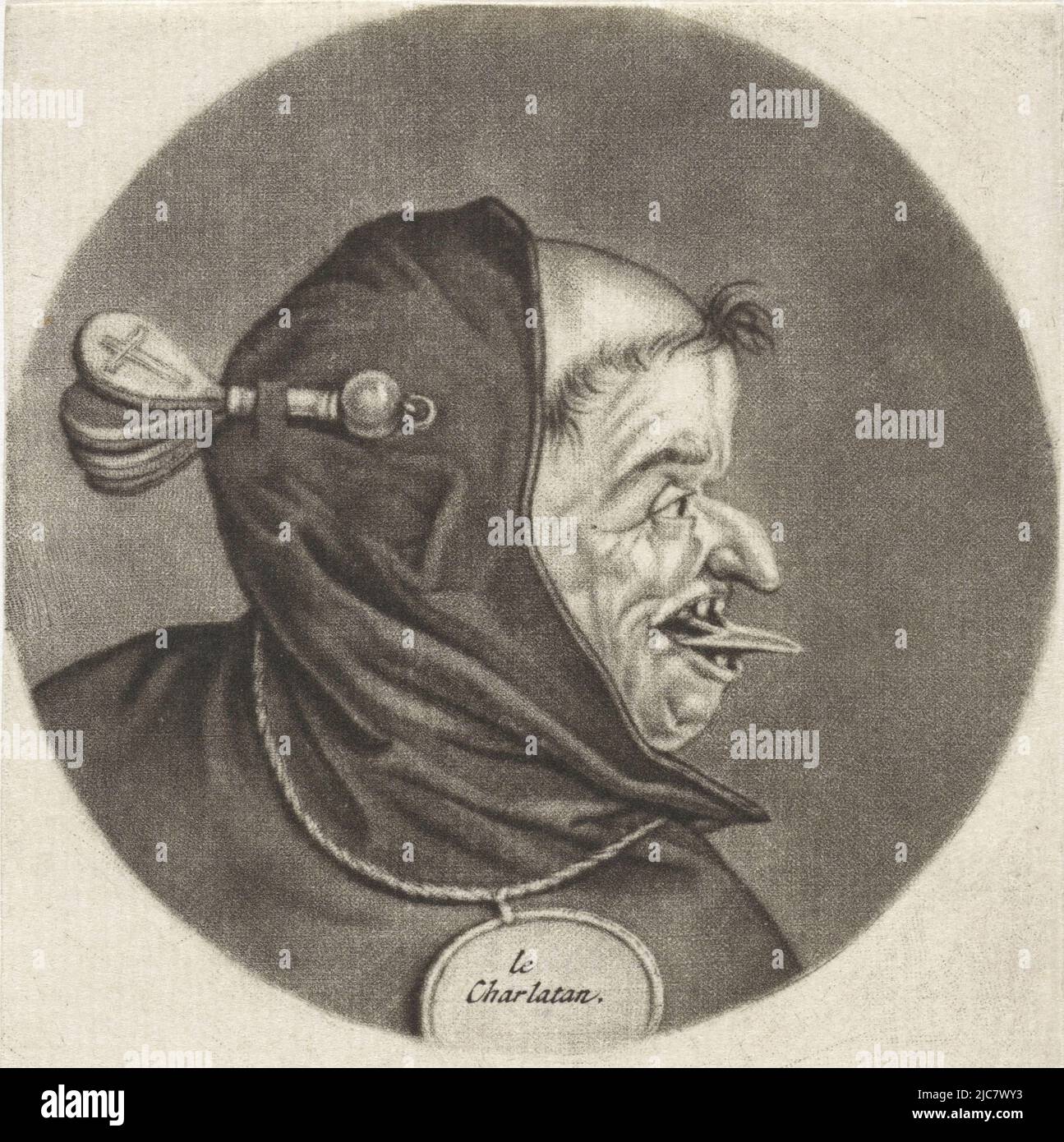 Ein Mönch als böser Redner. Er hat seine Zunge ausgestreckt und ein Rasselklatschen auf seiner Kapuze. Um seinen Hals ein Medaillon mit dem Text 'Le charlatan'. Der Druck ist Teil einer Serie mit Karikaturen des französischen Klerus unter Ludwig XIV., Mönch mit Zunge aus La Medisance Karikaturen über den französischen Klerus unter Ludwig XIV., (A) Renversement de la Moral Chr, Druckerei: Jacob Gole, Cornelis Dusart, 1670 - 1724 und/oder 1693 - 1700, Papier, Gravur, H 115 mm × B 90 mm Stockfoto