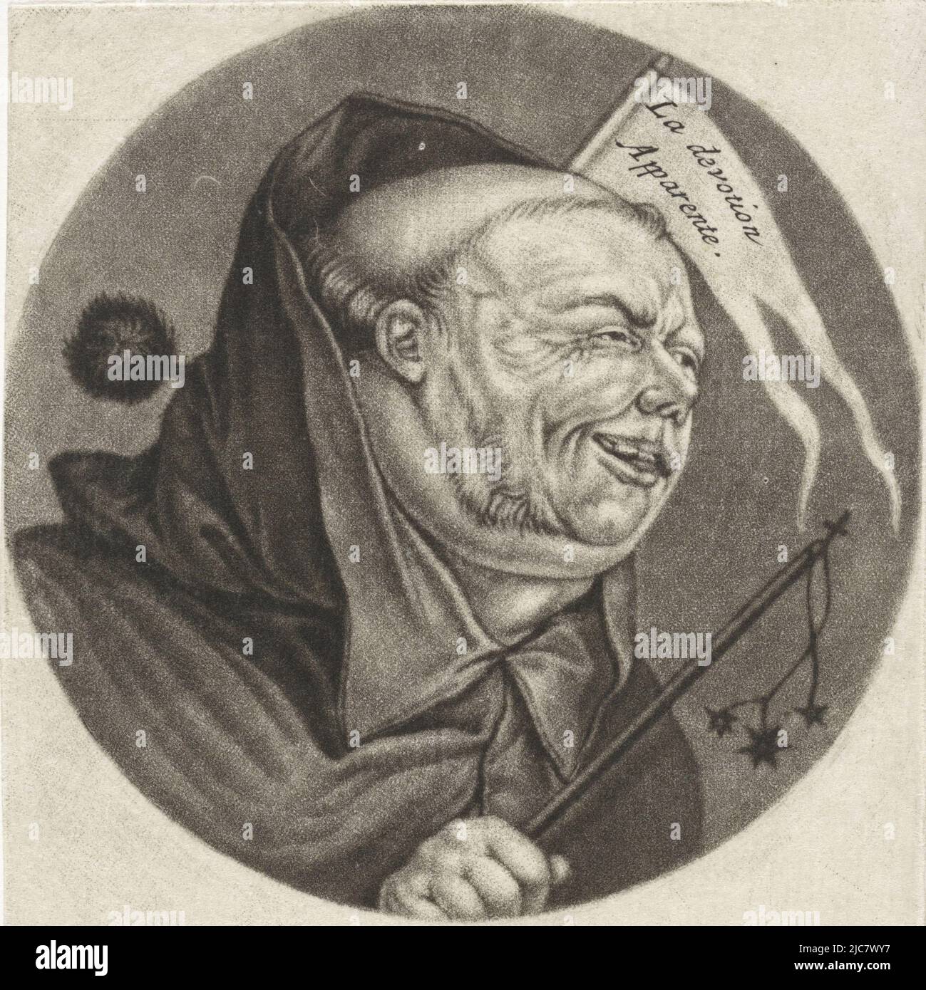 Ein Mönch mit einer Peitsche und einer Fahne mit dem Text 'La Devotion Apparente'. Der Druck ist Teil einer Serie mit Karikaturen des französischen Klerus unter Ludwig XIV., Mönch mit Peitsche La Poenitence Karikaturen über den französischen Klerus unter Ludwig XIV., (A) Renversement de la Moral Chr, Druckerei: Jacob Gole, Cornelis Dusart, 1670 - 1724 und/oder 1693 - 1700, Papier, Gravur, H 115 mm × B 90 mm Stockfoto
