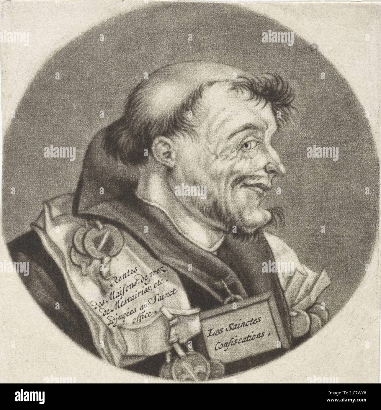 Ein Mönch als Staatsanwalt der Inquisition. Über seinen Schultern hängen Briefe mit Siegeln. An seiner Pfeife hängt ein Schild mit der Aufschrift „Les Sainctes beschlagnahmt“. Der Druck ist einer von einer Serie von Karikaturen des französischen Klerus unter Ludwig XIV. Mönch mit Siegel Le Procureur de l'Inquisition Karikaturen über den französischen Klerus unter Ludwig XIV., (A) Renversement de la Moral Chr, Druckerei: Jacob Gole, Cornelis Dusart, 1670 - 1724 und/oder 1693 - 1700, Papier, Gravur, H 115 mm × B 90 mm Stockfoto