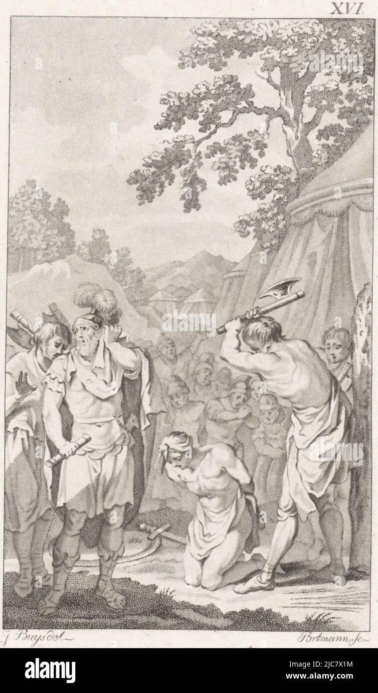 Der Sohn des Titus Manlius Torquatus ignoriert die Anweisung seines Vaters, nicht mit dem Feind zu kämpfen. Um der Armee zu zeigen, dass er Kommandant und sein Sohn untergeordnet ist, lässt Titus Manlius Torquatus seinen Sohn enthaupten. Der Henker wird dem Jungen mit seiner Axt den Kopf abschneiden, Titus Manlius Torquatus lässt seinen Sohn enthaupten, Druckerei: Ludwig Gottlieb Portman, (auf Objekt erwähnt), Zeichner: Jacobus Buys, (auf Objekt erwähnt), Amsterdam, 1794, Papier, H 214 mm × B 144 mm Stockfoto