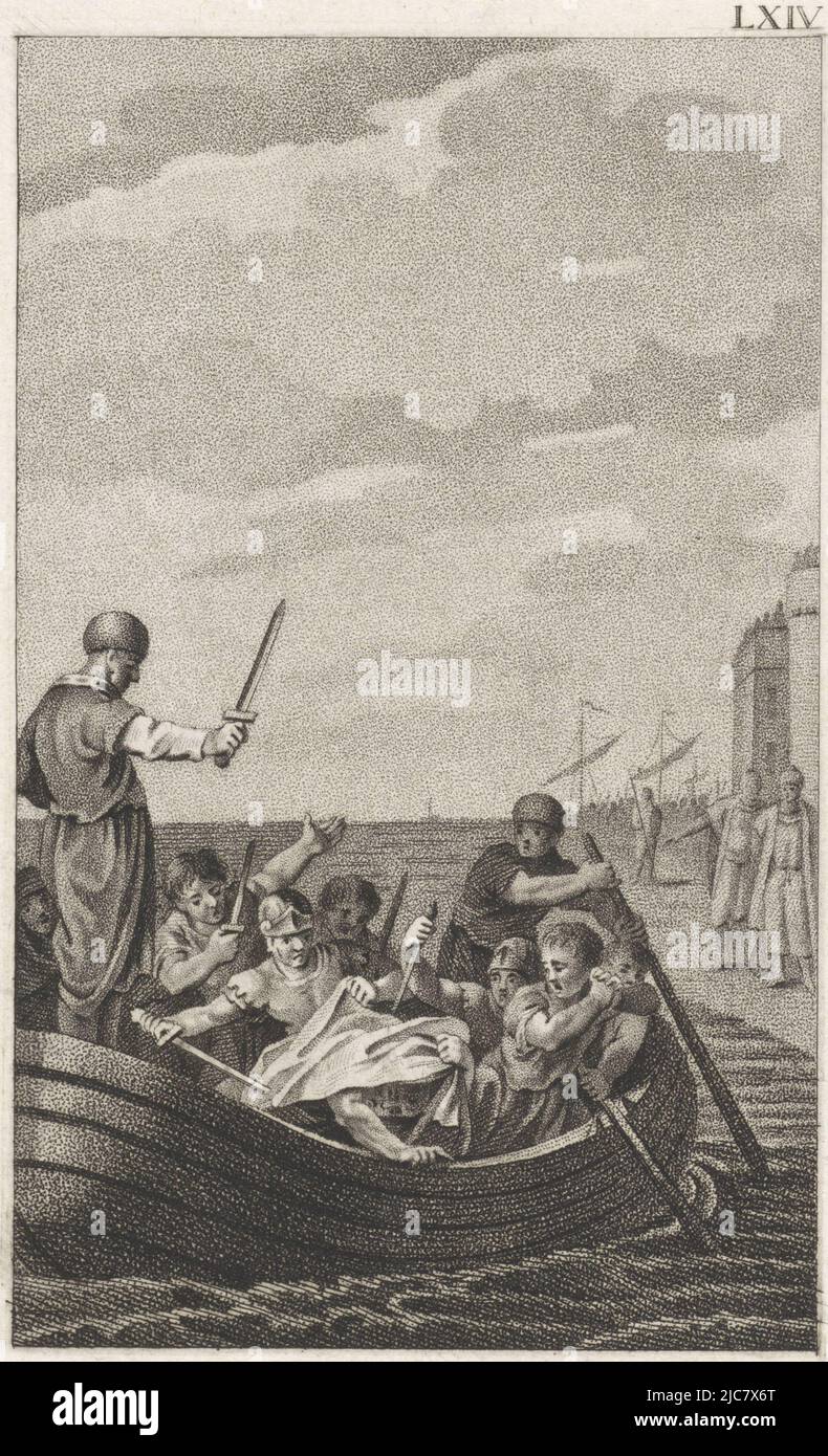 In dem Boot, das ihn an Land bringen sollte, wird Pompey von Septimius in den Rücken gestochen. Auch Salvius und Achilles ziehen ihre Dolche. Pompey ist hilflos und zieht seine Robe über seinen Kopf. Tod von Pompey, Druckerei: Ludwig Gottlieb Portman, Amsterdam, 1800, Papier, Radierung, H 199 mm × B 133 mm Stockfoto