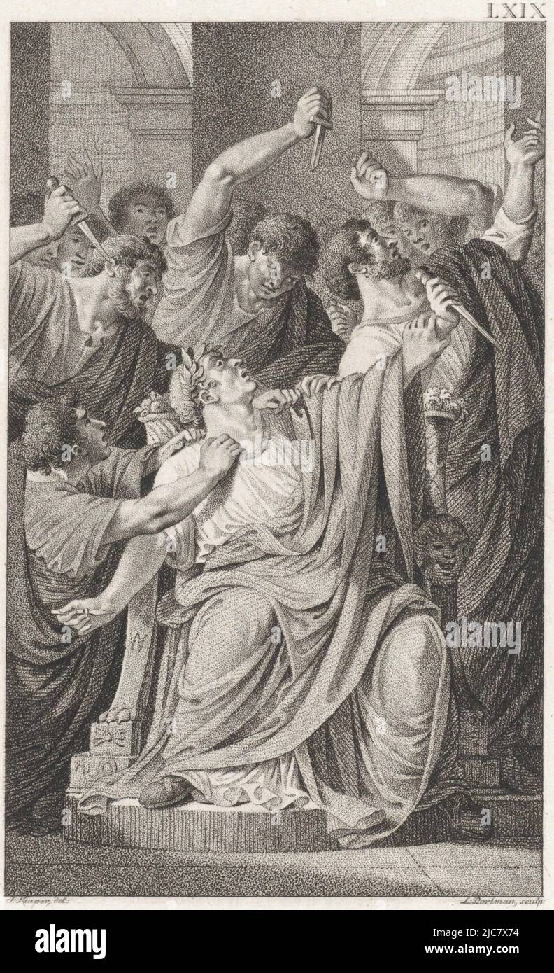 Julius Caesar wird während einer Senatssitzung von Marcus Brutus und anderen politischen Gegnern ermordet. Mord an Julius Caesar, Druckerei: Ludwig Gottlieb Portman, (auf Objekt erwähnt), Zeichner: Jacques Kuyper, (auf Objekt erwähnt), Amsterdam, 1801, Papier, Ätzung, H 210 mm × B 128 mm Stockfoto