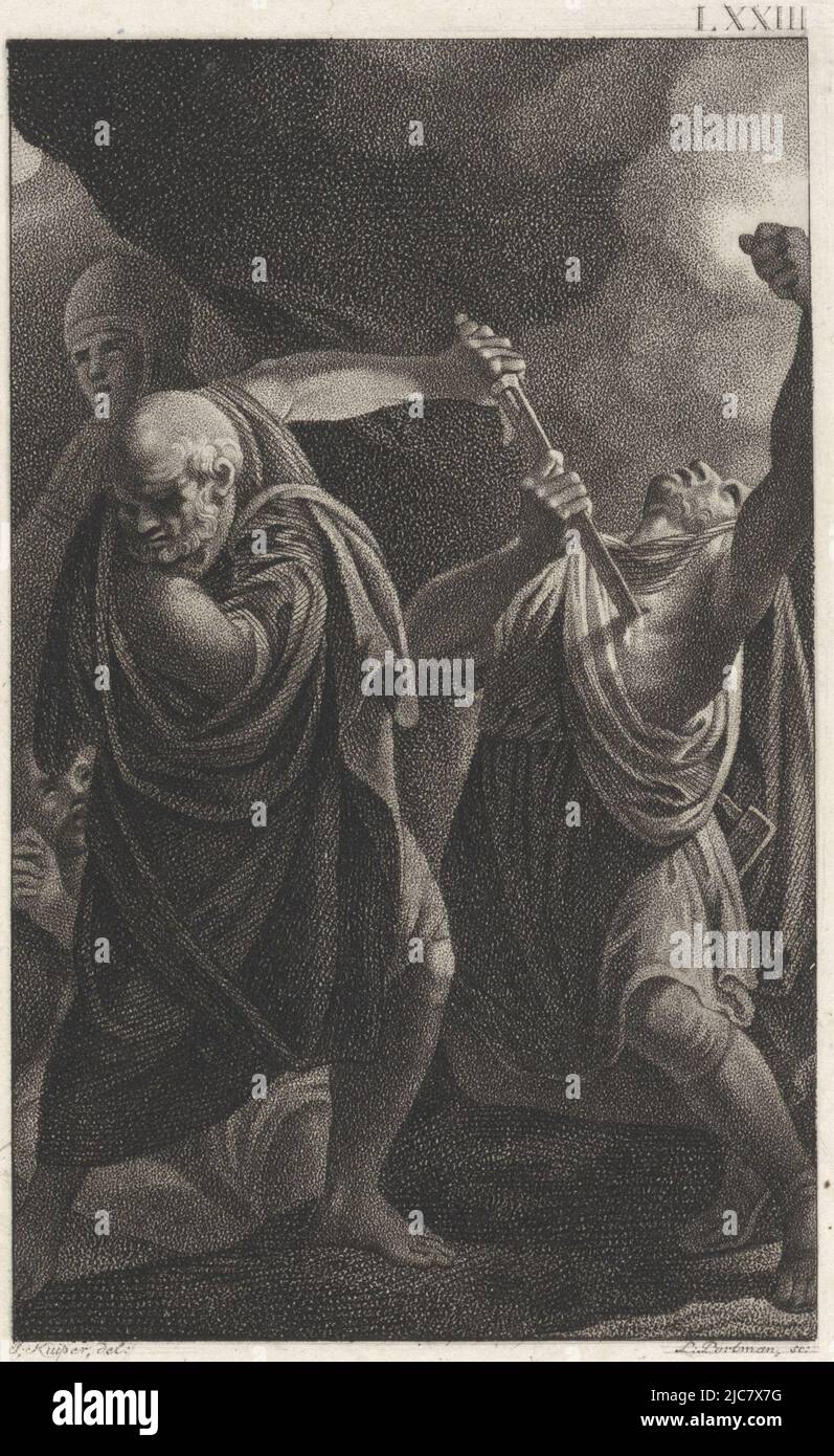 Auf eigenen Wunsch wird Brutus von einem seiner Sklaven mit einem Schwert erstochen. Tod von Marcus Junius Brutus, Druckerei: Ludwig Gottlieb Portman, (auf Objekt erwähnt), Zeichner: Jacques Kuyper, (auf Objekt erwähnt), Amsterdam, 1801, Papier, Ätzung, H 208 mm × B 129 mm Stockfoto