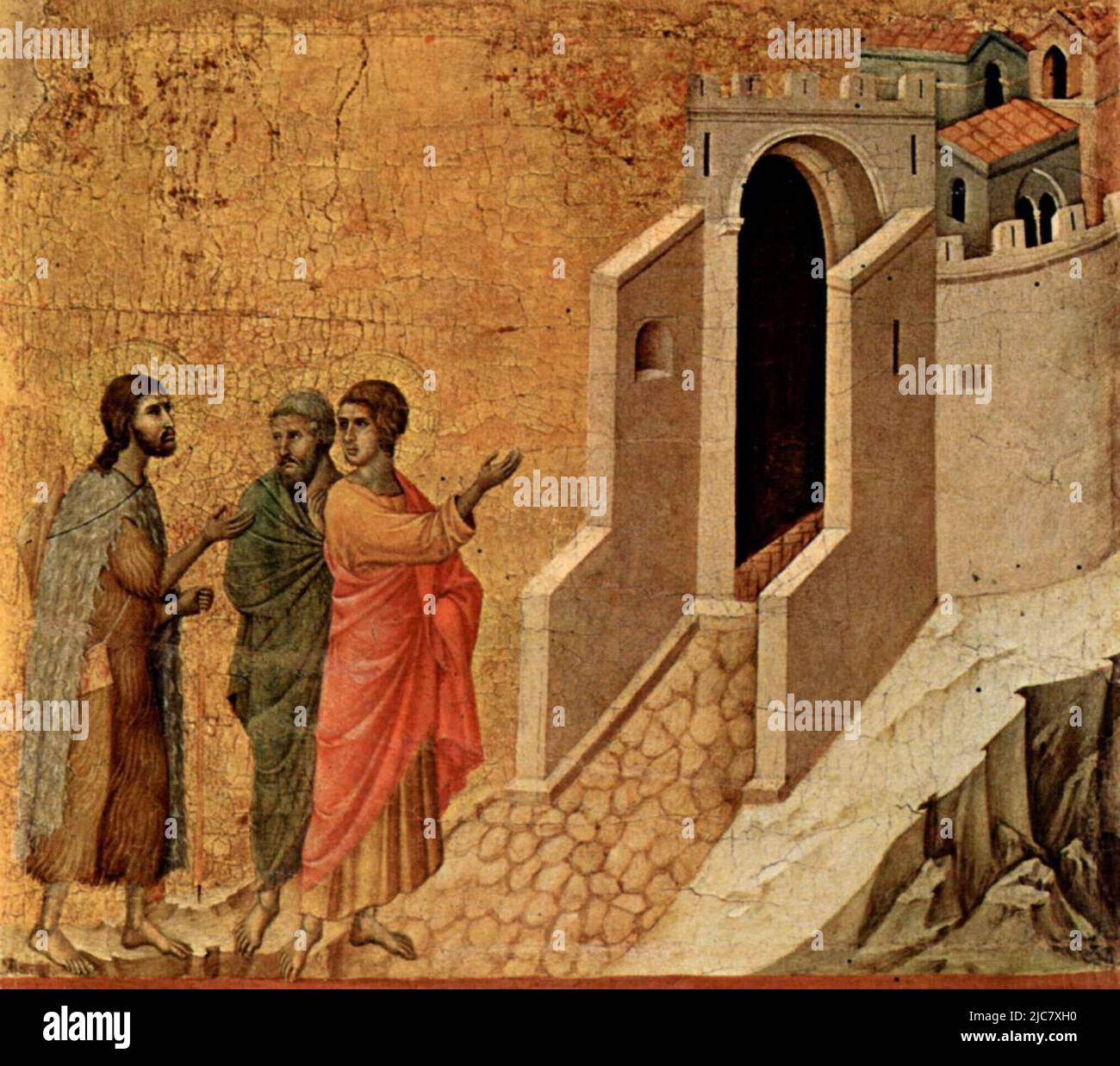 Jesus und die zwei Jünger auf dem Weg nach Emmaus, von Duccio (1260-1318) Stockfoto