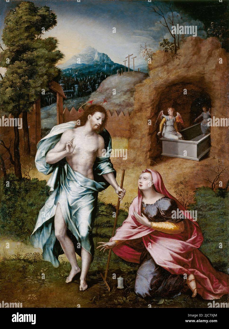Noli me tangere von Jerónimo Cosida (1510–1592). Dieses Gemälde zeigt den Moment, in dem Maria Magdelene den auferstandenen Jesus wiedererkennt. Sie greift nach ihm, aber er bittet sie, ihn nicht zu berühren (Noli me tangere), da er noch nicht in den Himmel aufgestiegen ist. Stockfoto