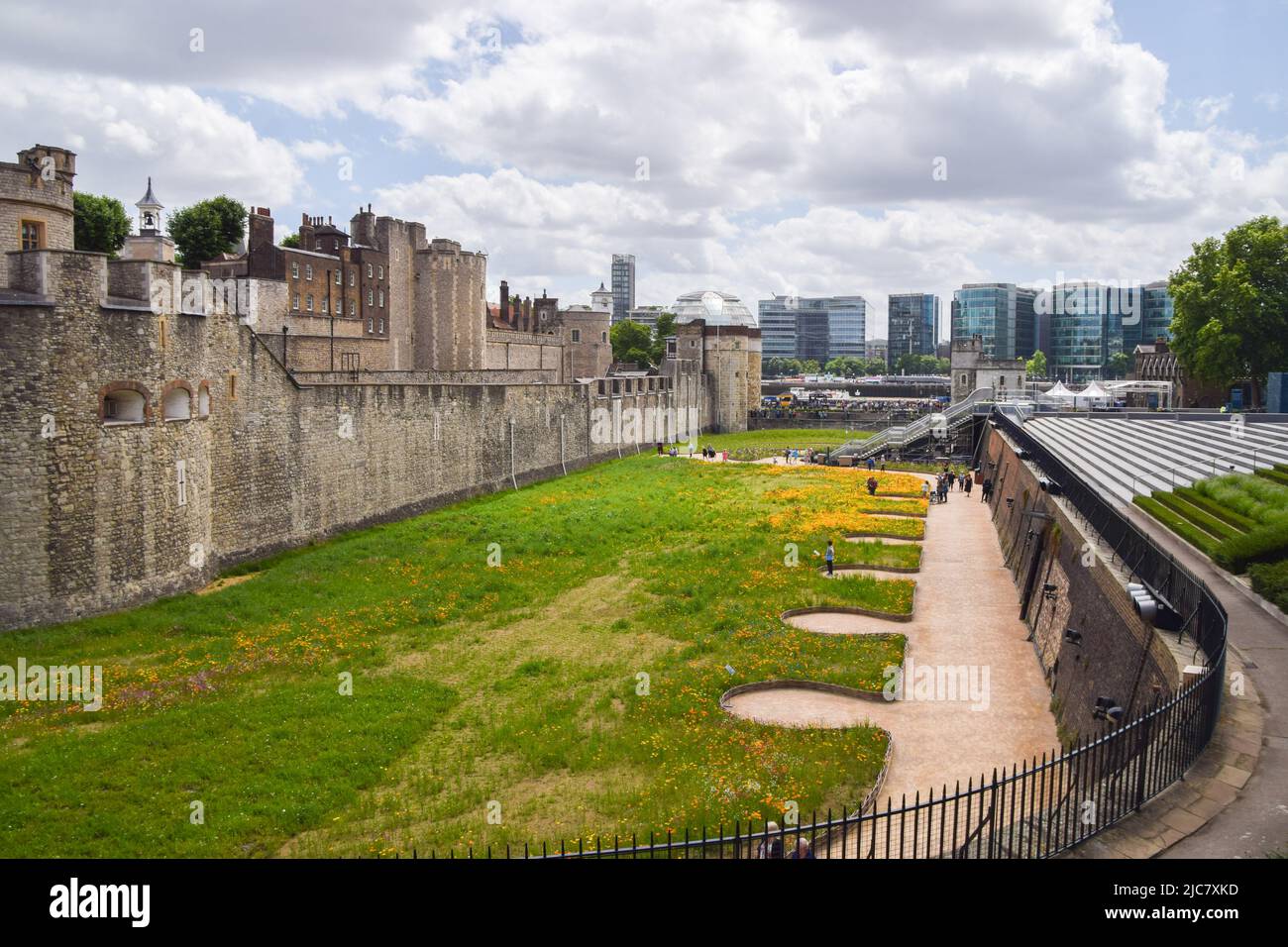 London, Großbritannien. 10.. Juni 2022. Die Blumenpracht der Superbloom ist rund um den Tower of London zu sehen. Anlässlich des Queenís Platinum Jubilee wurden über 20 Millionen Blumensamen in den Graben um den Tower of London gepflanzt, um ein Blumenspektakel zu schaffen und Bestäuber anzuziehen. Das unerwartete Wetter hat jedoch dazu geführt, dass Blumen später als erwartet blühen. Kredit: SOPA Images Limited/Alamy Live Nachrichten Stockfoto