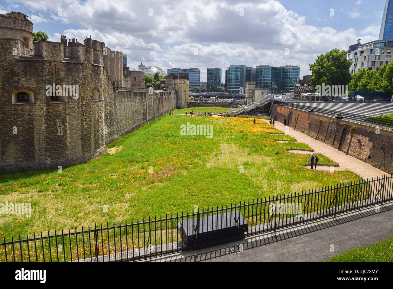 London, Großbritannien. 10.. Juni 2022. Die Blumenpracht der Superbloom ist rund um den Tower of London zu sehen. Anlässlich des Queenís Platinum Jubilee wurden über 20 Millionen Blumensamen in den Graben um den Tower of London gepflanzt, um ein Blumenspektakel zu schaffen und Bestäuber anzuziehen. Das unerwartete Wetter hat jedoch dazu geführt, dass Blumen später als erwartet blühen. (Foto: Vuk Valcic/SOPA Images/Sipa USA) Quelle: SIPA USA/Alamy Live News Stockfoto