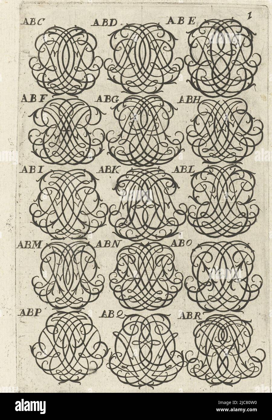 Aus einer Serie von 29 teilweise nummerierten Blättern numerischer Monogramme. Fünfzehn Buchstabenmonogramme (ABC-ABR) Livre nouveau et utile , Druckerei: Daniel de Lafeuille, intermediärer Zeichner: Daniel de Lafeuille, Verlag: Daniel de Lafeuille, Amsterdam, (möglicherweise), c. 1690 - c. 1691, Papier, Gravur, H 134 mm × B 87 mm Stockfoto