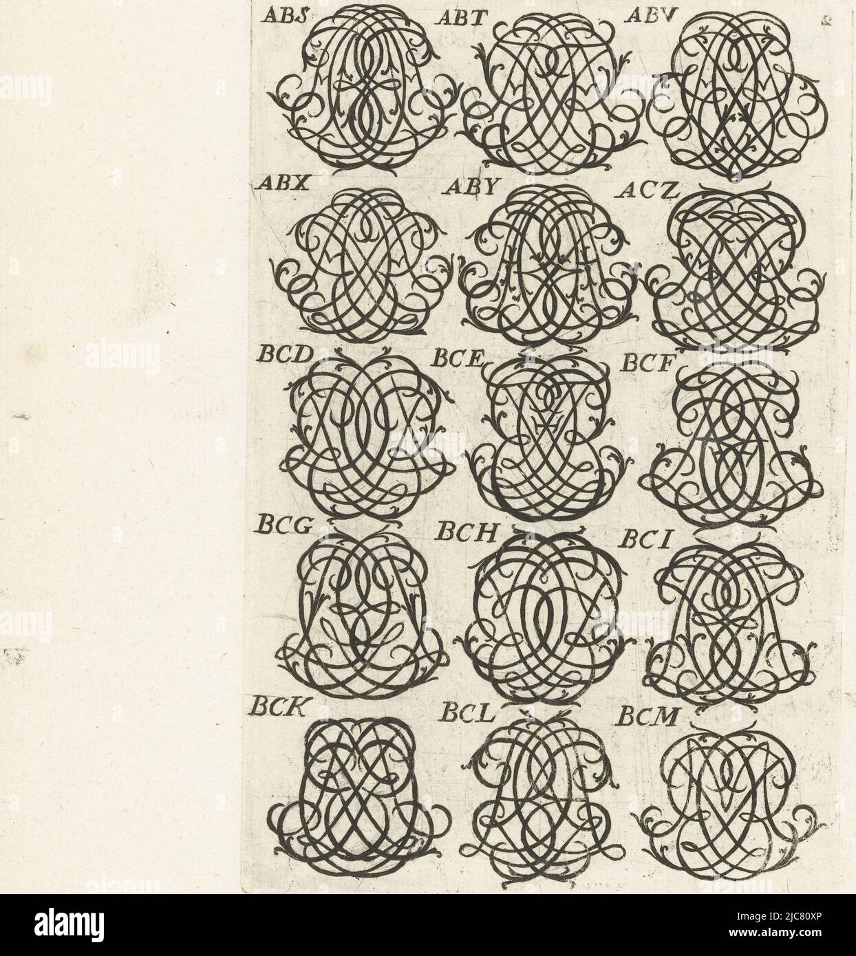 Aus einer Serie von 29 teilweise nummerierten Blättern mit numerischen Monogrammen, fünfzehn Buchstabenmonogrammen (ABC-ABR) Livre nouveau et utile , Druckerei: Daniel de Lafeuille, Zeichner: Daniel de Lafeuille, Verlag: Daniel de Lafeuille, Amsterdam, (möglicherweise), c.. 1690 - c. 1691, Papier, Gravur, H 134 mm × B 87 mm Stockfoto