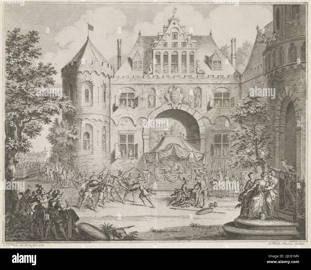 Graf Floris IV. Wurde während eines Jousts in Corbie ermordet. Rund um den Joust stehen die Zuschauer auf einer geeigneten Distanz. Im Hintergrund ist eine Burg, Graf Floris IV. Während eines Jousts ermordet, 1234 Graf Floris IV. In einem Jousts bei Corbie ermordet. AO 1234 , Druckerei: Simon Fokke, (auf Objekt erwähnt), Simon Fokke, (auf Objekt erwähnt), Verlag: Arend Fokke Simonsz., (auf Objekt erwähnt), Amsterdam, 1782, Papier, Ätzung, H 179 mm × B 205 mm Stockfoto