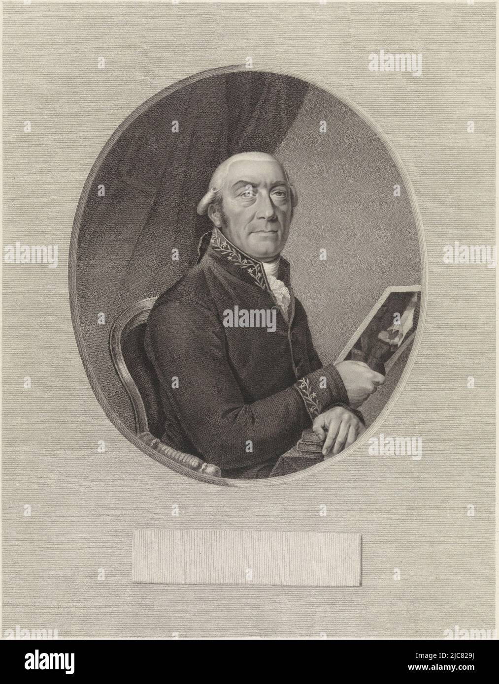 Porträt von Cornelius Henricus a Roy, Leibarzt von Louis Napoleon. In der rechten Hand hält er einen Druck der Radierung mit dem Porträt von Jan Six von Rembrandt, Porträt von Cornelius Henricus a Roy, Druckerei: Ludwig Gottlieb Portman, Zeichner: George Nikolaus Ritter, Amsterdam, 1794 - 1828, Papier, Radierung, H 492 mm × B 386 mm Stockfoto