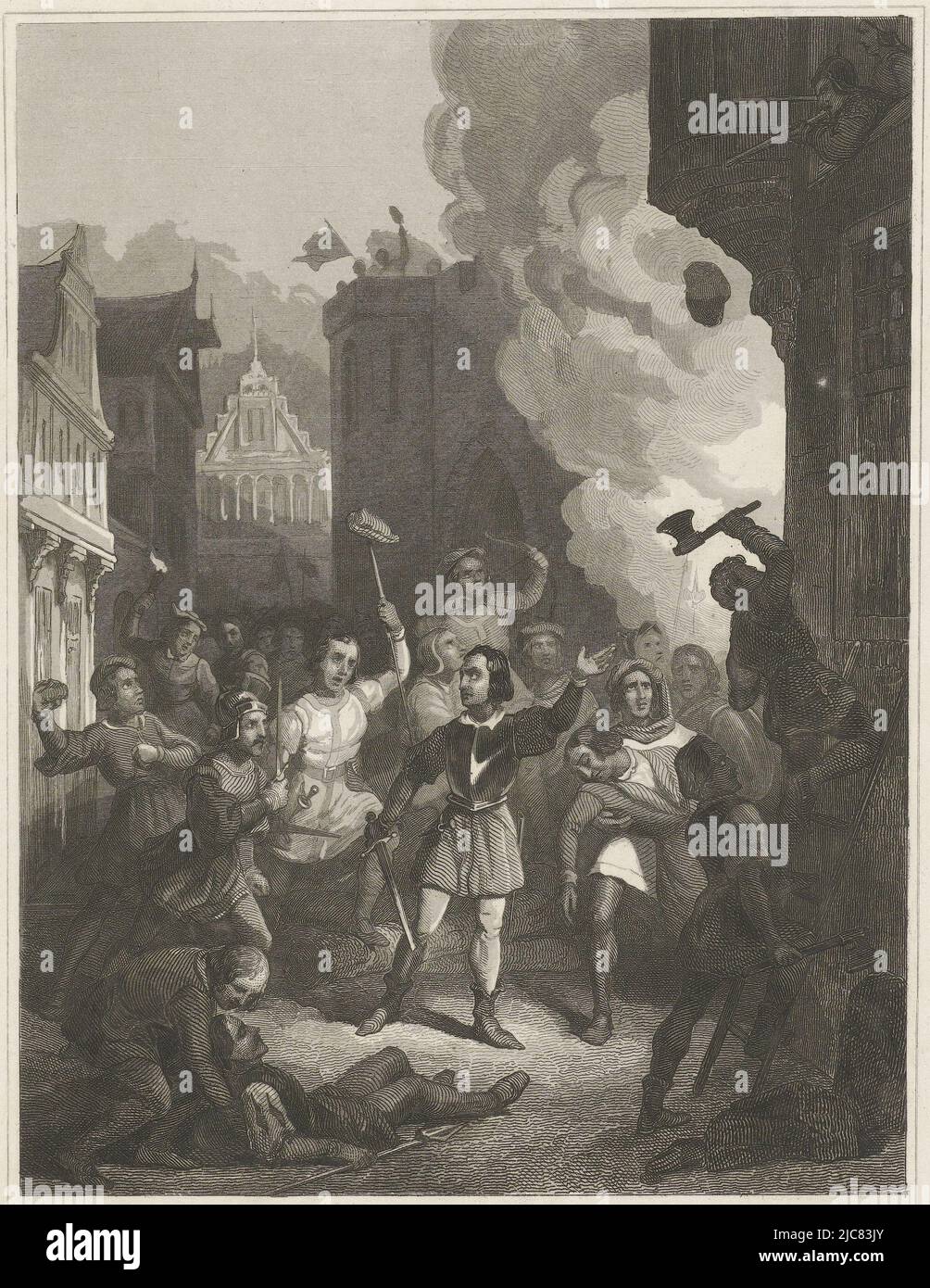 Kämpfe und Unruhen in Dordrecht zwischen den Winkeln und den Cods, 1406. Ein wütender Mob rennt durch die Straßen, zerstört Gebäude und setzt Feuer. Von einem Gebäude aus werden Schüsse auf die Menge abgefeuert. Im Vordergrund ist eine verwundete Person, Schlachten in Dordrecht, 1406. , Druckerei: Johann Wilhelm Kaiser (I), 1840 - 1884, Papier, Stahlstich, H 295 mm × B 208 mm Stockfoto