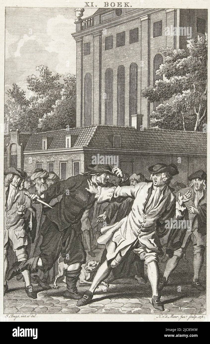 Baruch de Spinoza von einem wütenden Mob auf der Straße in der Nähe der portugiesischen Synagoge in Amsterdam bedroht, 1667, Spinoza von einem wütenden Mob in Amsterdam bedroht, 1667 Spinoza in tödlicher Gefahr, in Amsterdam , Druckerei: Noach van der Meer (II), (auf Objekt erwähnt), Zeichner: Jacobus Buys, (auf Objekt genannt), Nordniederländisch, 1784, Papier, Ätzung, H 158 mm × B 105 mm Stockfoto