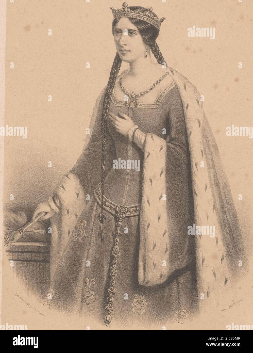 Porträt von E. Masson als Johanna von Kastilien in Jeanne la Folle M.lle E. Masson (rle de Jeanne la Folle) Porträts von Künstlern der Oper Galerie des Artistes Contemporains. TH, Druckerei: C. Derancourt, (auf Objekt erwähnt), Drucker: Joseph Rose Lemercier, (auf Objekt erwähnt), Herausgeber: Masson (uitgever), (auf Objekt erwähnt), Druckerei: Paris, Drucker: Paris, Verlag: Paris, Verlag: London, in oder nach 5-Nov-1848, Papier, H 396 mm - B 286 mm Stockfoto