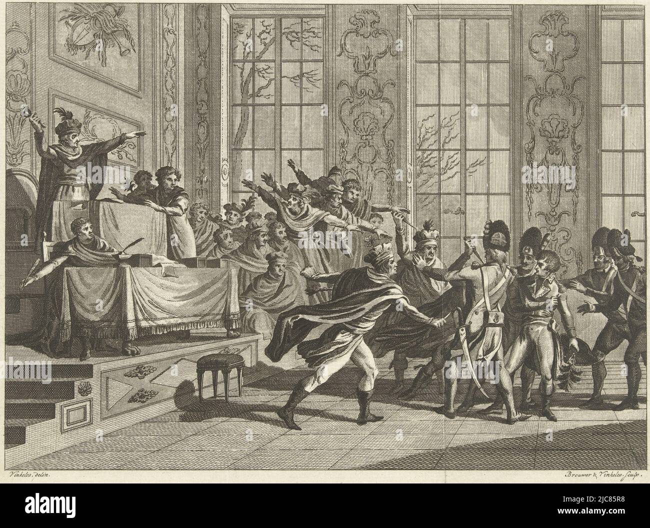 Parlamentsabgeordnete des Rates der fünfhundert greifen Napoleon während seines Staatsstreichs an, Druckerei: Cornelis Brouwer, (auf Objekt erwähnt), Druckerei: Reinier Vinkeles (I), (auf Objekt erwähnt), Zeichner: Reinier Vinkeles (I), (auf Objekt erwähnt), 1799 - 1800, Papier, Radierung, Gravur, H 188 mm × B 233 mm Stockfoto