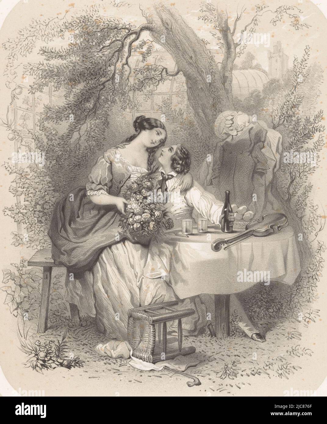 Zwei Liebende an einem Tisch unter einem Baum La fille du peuple illustrierte Gedichte von Pierre-Jean de B, Druckerei: Frères Bettannier, (auf Objekt erwähnt), Numa, (auf Objekt erwähnt), Drucker: Joseph Rose Lemercier, (auf Objekt erwähnt), Drucker: Paris, Verlag: Paris, Verlag: London, 1851, Papier, H 548 mm × B 360 mm Stockfoto