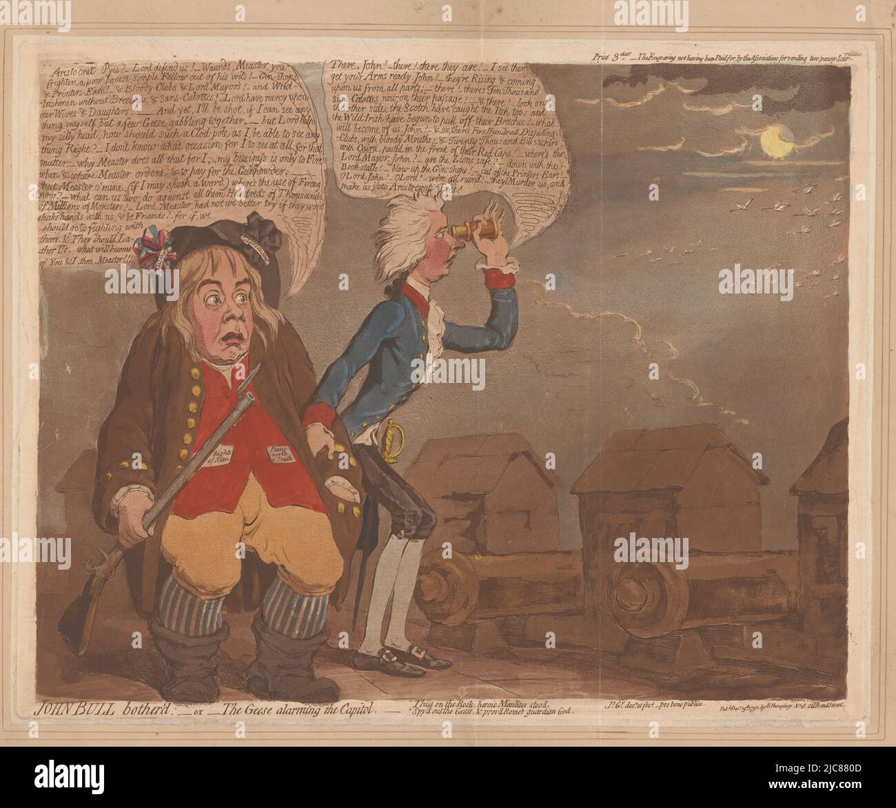 Karikatur von 1792, in der William Pitt und John Bull vor einer Invasion fürchten. Beide stehen auf einer Festung mit Kanonen, Pitt beobachtet durch ein Fernglas einen Flug von Gänsen, die den Mond passieren, William Pitt und John Bull fürchten die Invasion von John Bull, die von John Bull gestört wurde:-oder-die Gänse alarmieren das Kapitol, Druckhersteller: James Gillray, (erwähnt auf Objekt), James Gillray, (erwähnt auf Objekt), Herausgeber: Hannah Humphrey, (Auf Objekt erwähnt), Druckerei: England, England, Verlag: London, 19-Dez-1792, Papier, Radierung, H 310 mm × B 394 mm Stockfoto