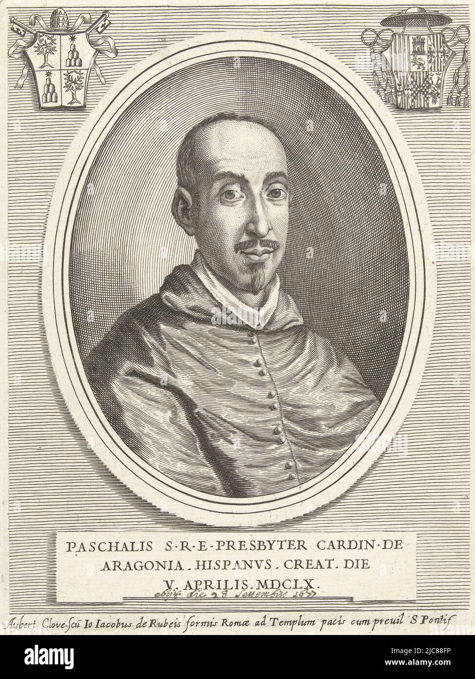 Porträt im ovalen Rahmen von Kardinal Pascual de Aragn. Büste nach rechts. Oben links das Wappen von Papst Alexander VII., oben rechts das Wappen von Kardinal Pascual de Aragn. Der Druck hat eine lateinische Beschriftung mit Details der porträtierten Person, Porträt von Kardinal Pascual de Aragn Porträts von Kardinälen Bildnisse cardinalium nunc viventium , Druckerei: Albertus Clouwet, (auf Objekt erwähnt), Albertus Clouwet, Verlag: Giovanni Giacomo de'Rossi, (auf Objekt erwähnt), Rom, 1660 - 1679, Papier, Gravur, H 195 mm × B 147 mm Stockfoto