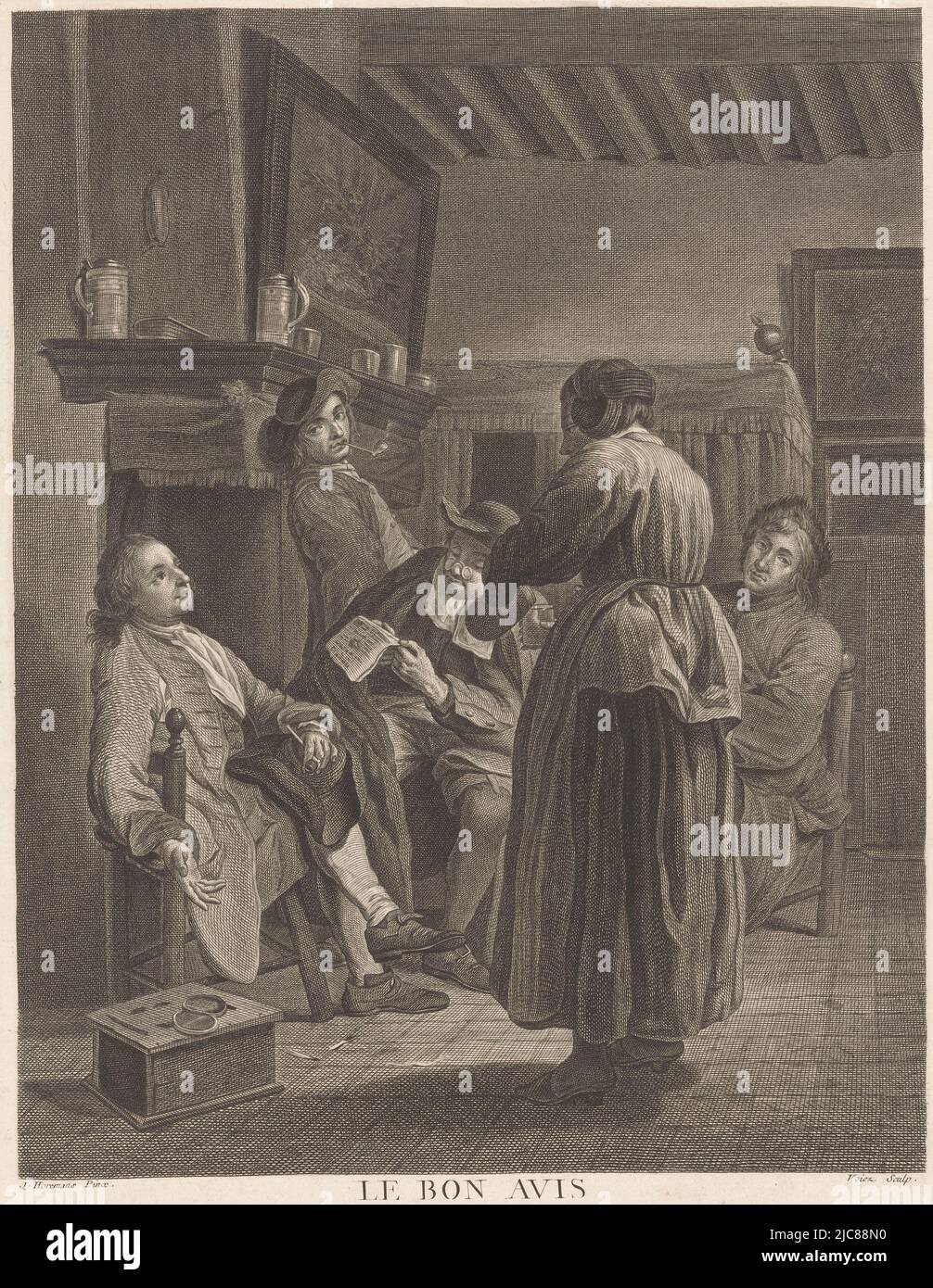 Vier Männer in einem Innenraum, eine Magd, die Bier gießt Le Bon Avis , Druckerei: Nicolas Joseph Voyez, (auf Objekt erwähnt), nach: Jan Josef Horemans (II), (auf Objekt erwähnt), Herausgeber: Jacques Beauvarlet, (auf Objekt erwähnt), Druckerei: Frankreich, Verlag: Paris, 1752 - 1779, Papier, Radierung, Gravur, H 372 mm × B 263 mm Stockfoto