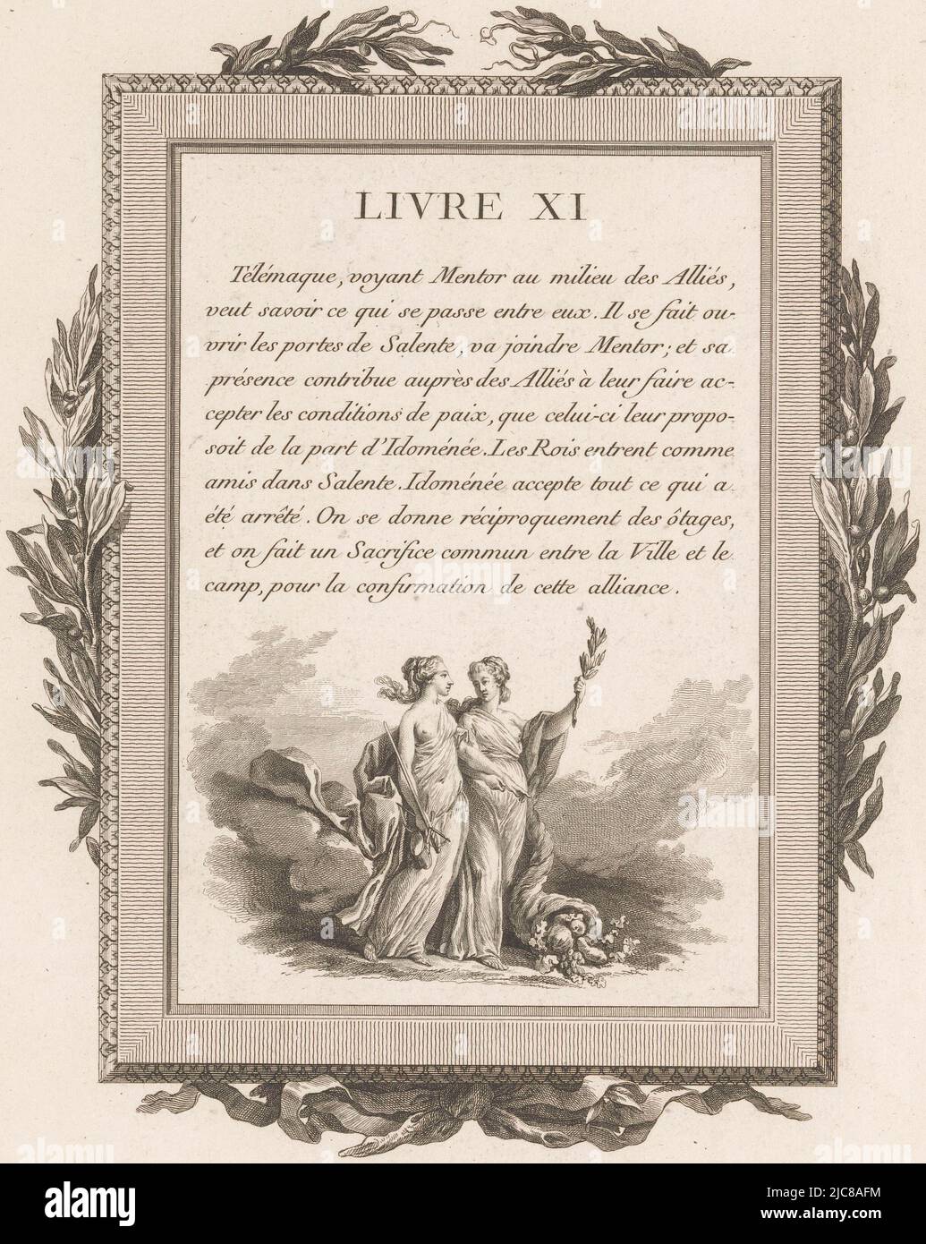 Zehnzeiliger französischer Text mit dem Titel „Livre XI“, darunter eine Darstellung der allegorischen Figuren des Krieges, des Schwertes, des Friedens, des Olivenzweiges und des Füllhorns. Das ganze wird von einem ornamentalen Rahmen mit Olivenzweigen und unten von einem Bogen umrahmt. Gerahmter französischer Text mit Olivenzweigen und zwei allegorischen Figuren, Druckerei: Jean-Baptiste Tilliard, Verleger: Pierre Didot, Verleger: Louis-François Barrois, Druckerei: Frankreich, Verleger: Paris, Verlag: Paris, Verlag: Paris, Verlag: Paris, Verlag: Paris, 1785, Papier, Radierung, Gravur, H 314 mm × B 242 mm Stockfoto