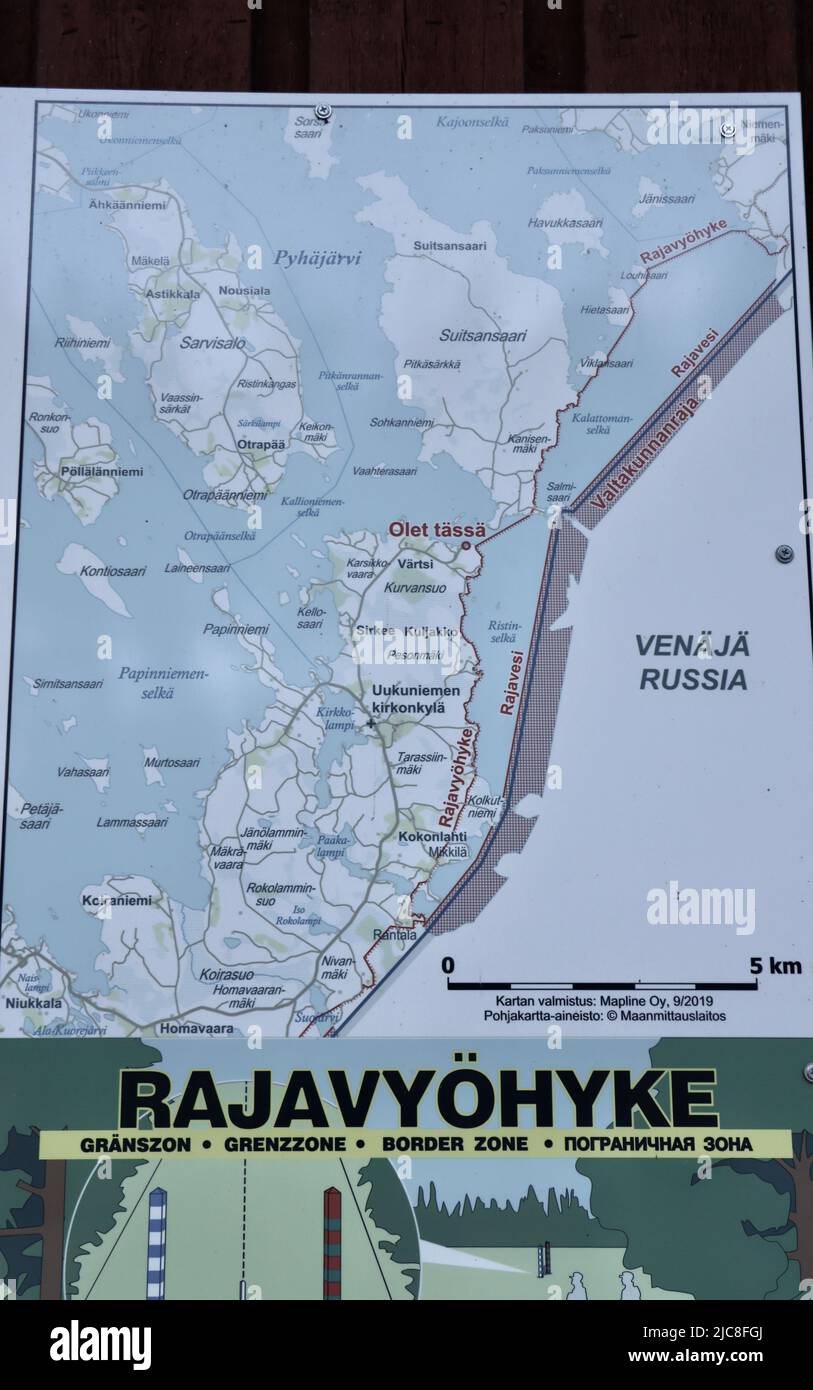 Karte der Grenzzone in Uukuniemi auf der finnischen Seite der Grenze zwischen Finnland und Russland. Stockfoto